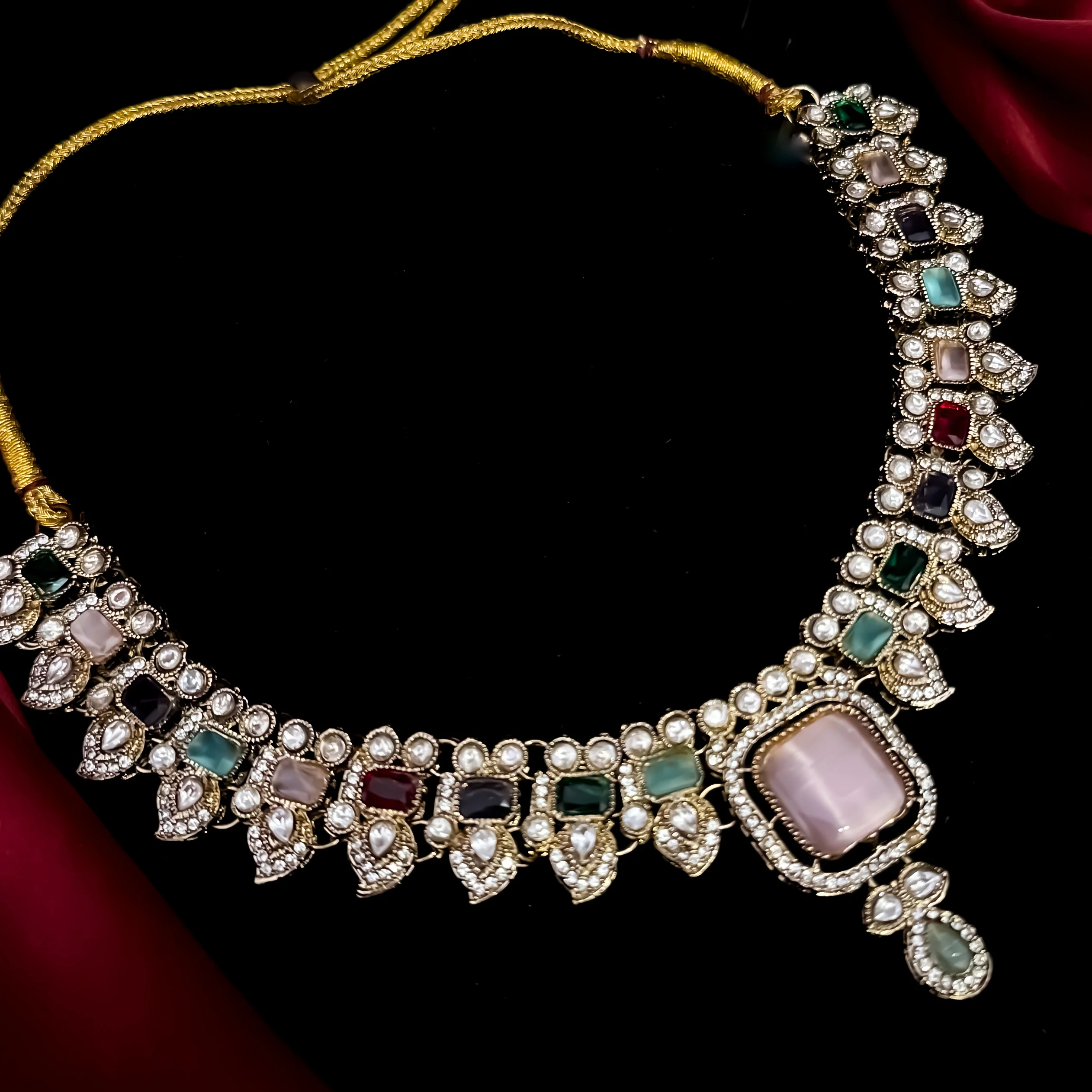 Jheel Statement Navratan Reverse AD Necklace Set - Multi - Image 2