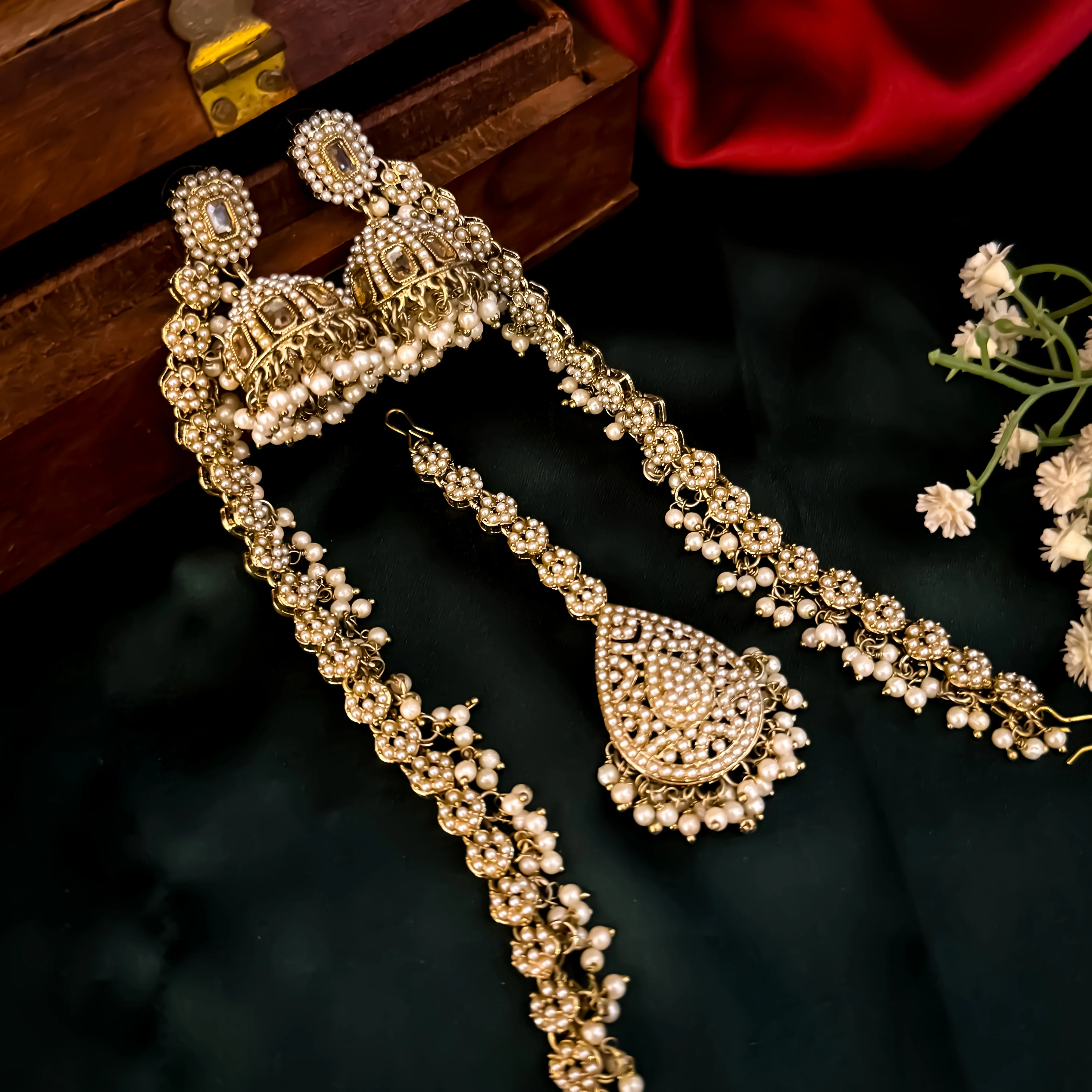 Aarzoo Jadau Reverse AD Jhumka Earrings with Sahara & Teeka - Golden - Image 3