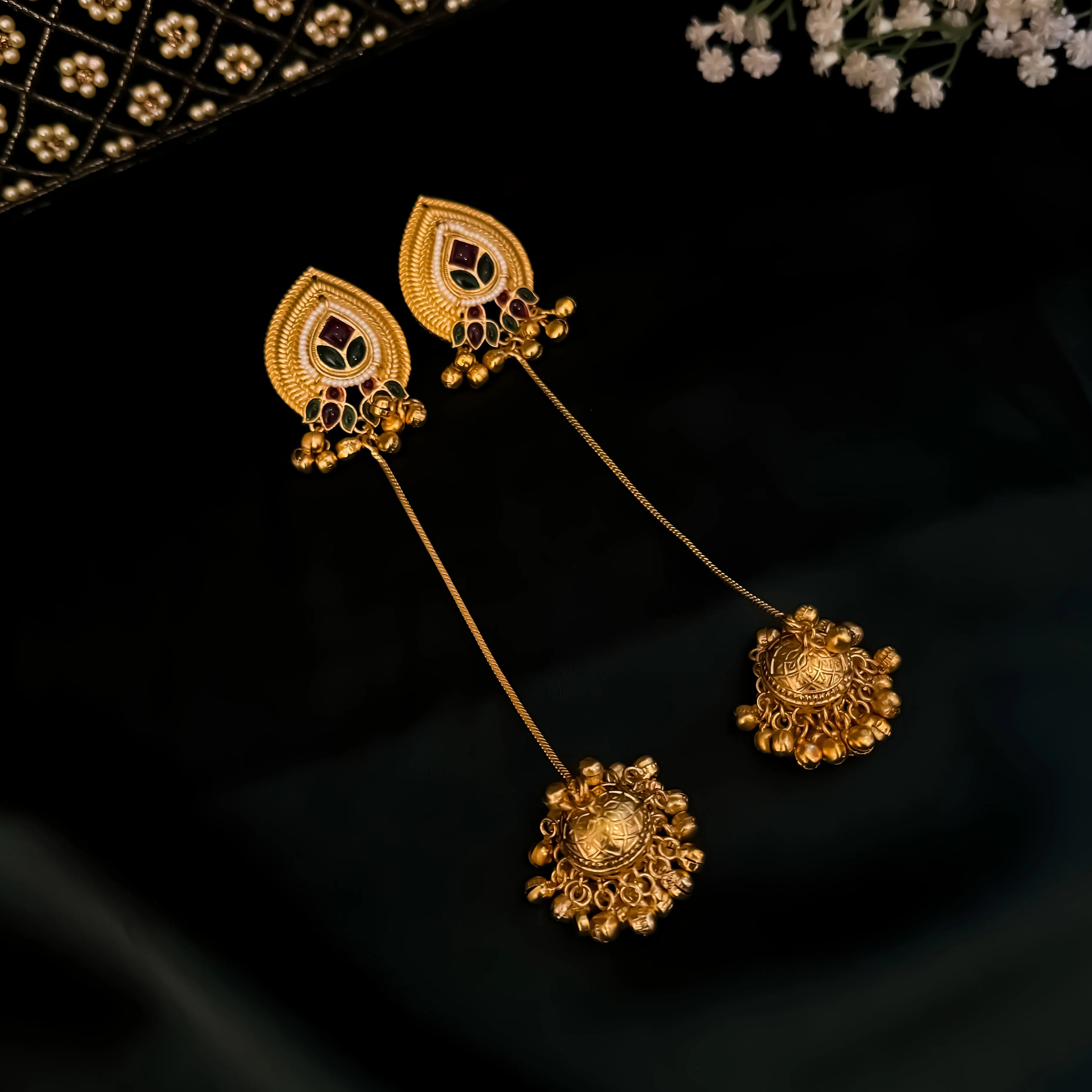 Anjana Premium Kashmiri Brass Dejhoor Ghungroo Earrings - Pink & Green - Image 2