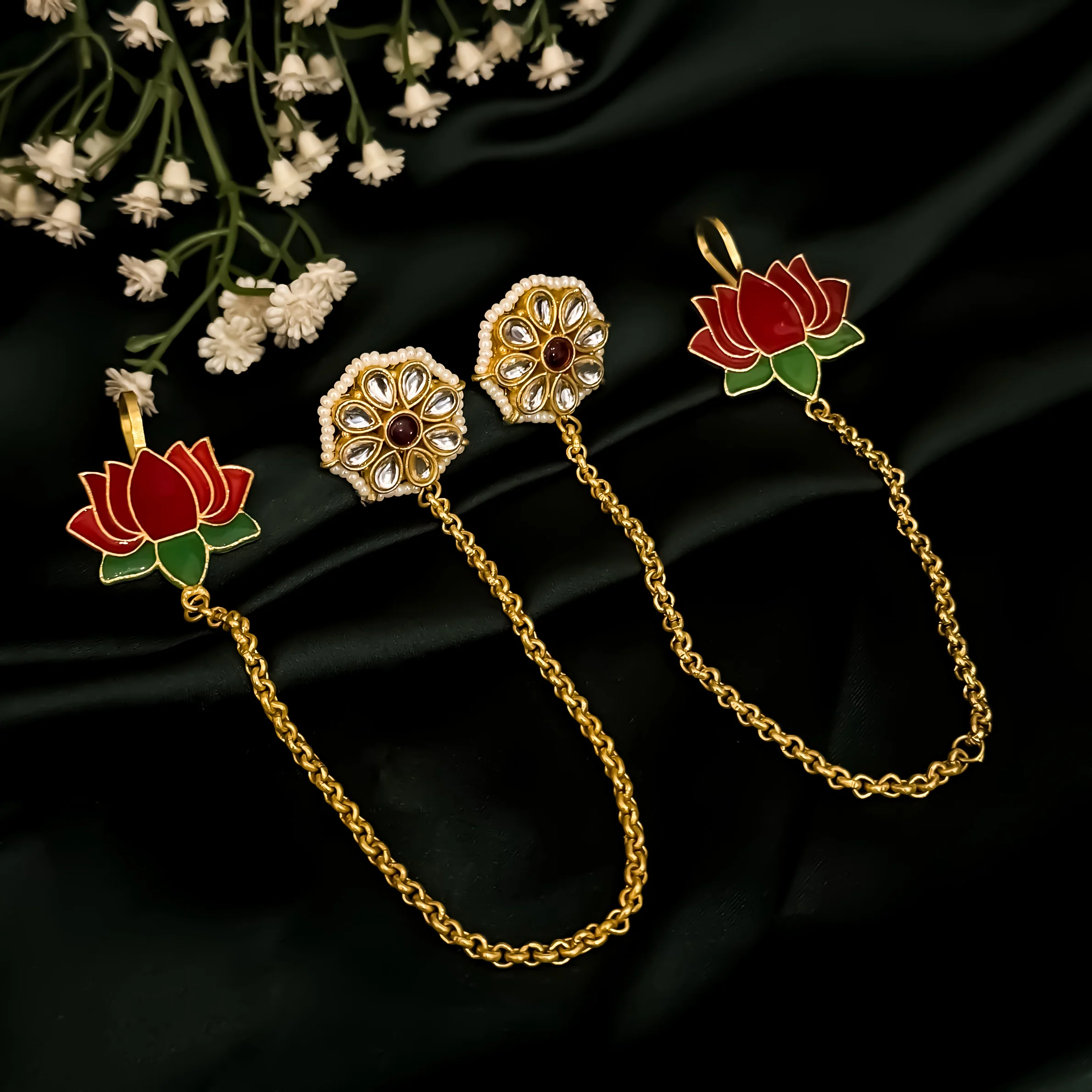 Sunehri Lotus Premium Kashmiri Brass Earrings with Sahara/Earchains - Pink & Golden - Image 2