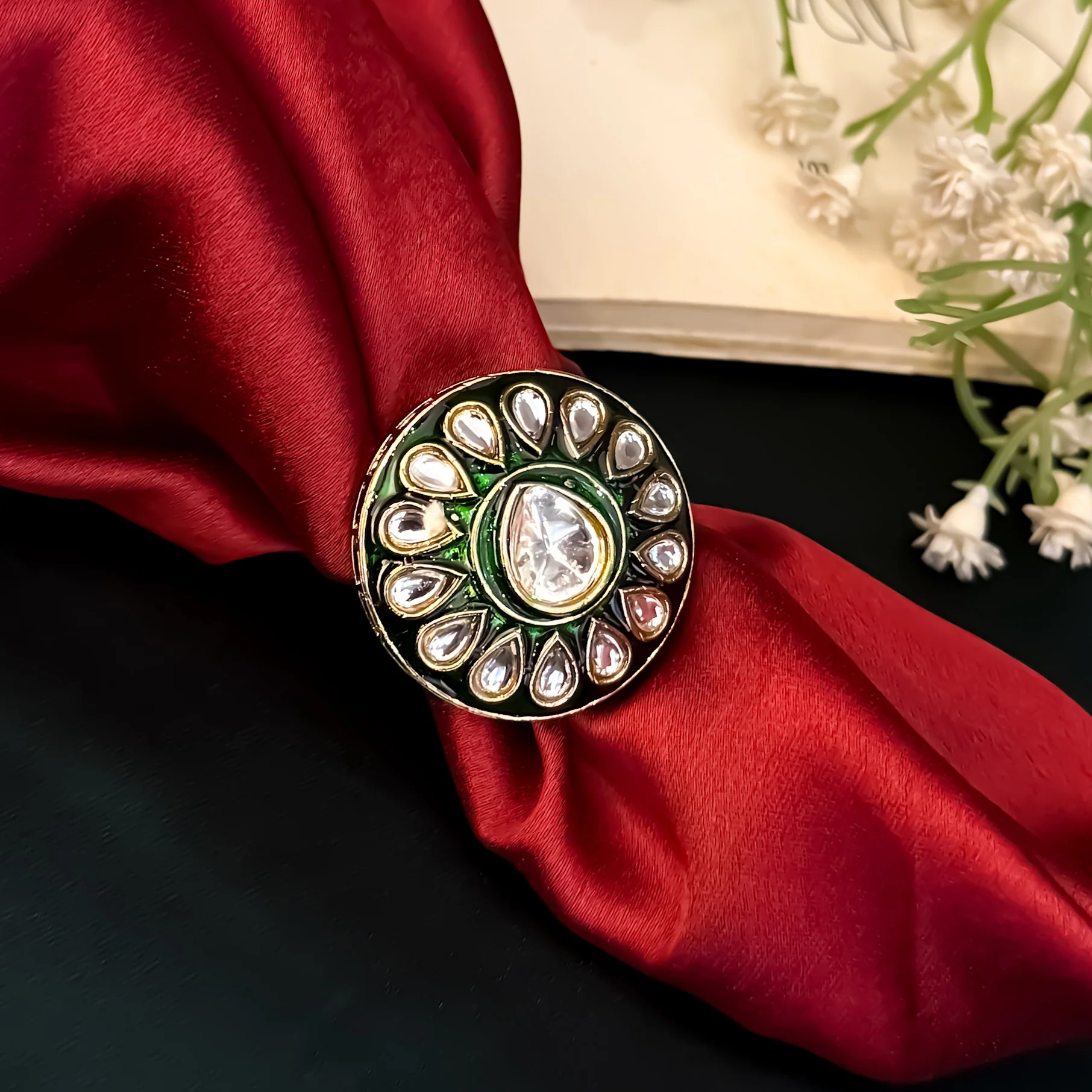 Asyan Meenakari Kundan Adjustable Ring - Green - Image 4