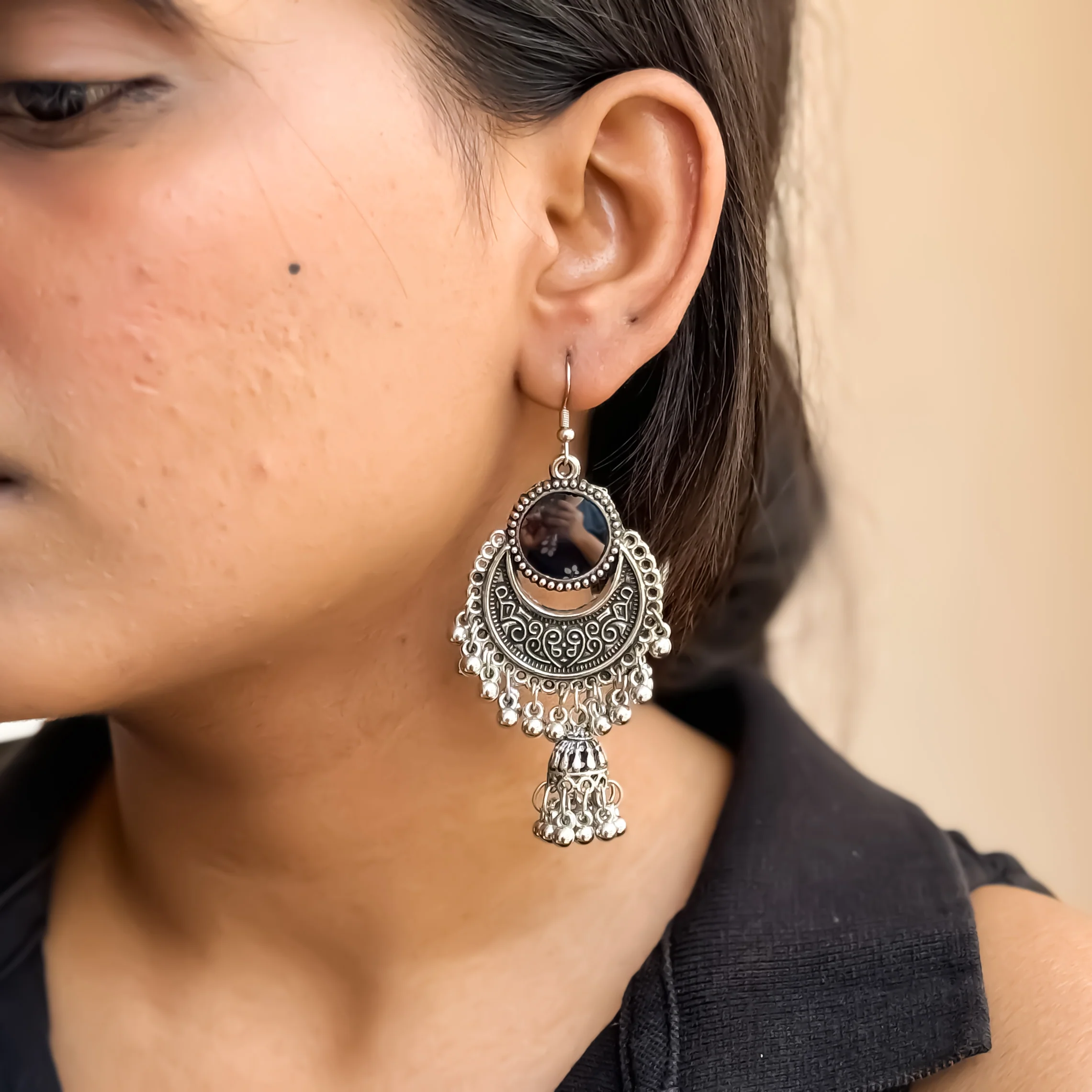 Milap Silver Oxidised Jhumka Earring