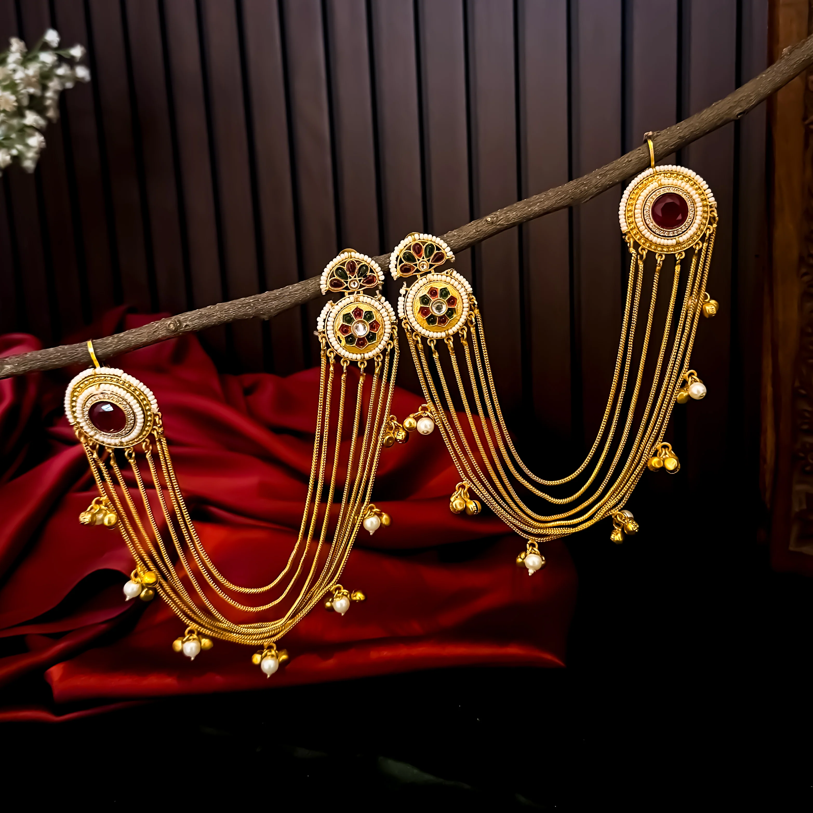 Aarunika Premium Kashmiri Brass Dejhoor Earrings with Sahara/Earchains - Ruby