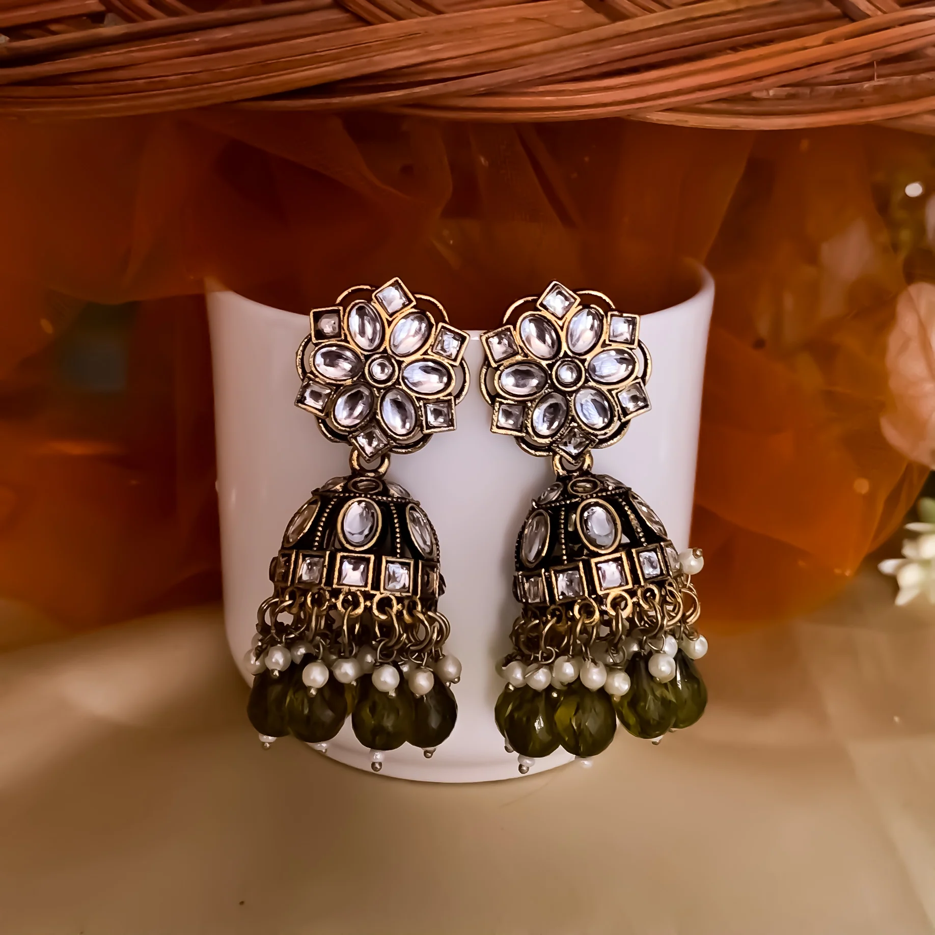 Aashika Pearl Jhumka Earrings- Mehendi Green - Image 3