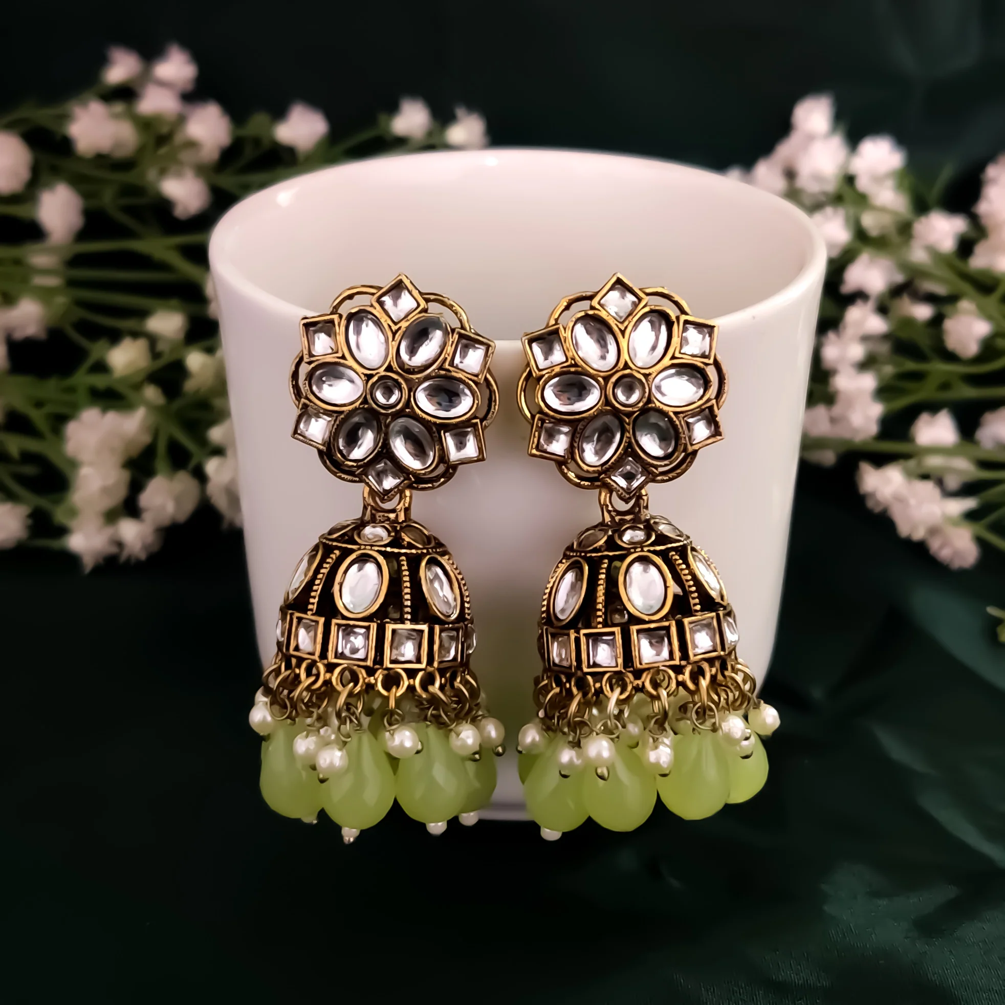 Aashika Pearl Jhumka Earrings- Pista Green - Image 3