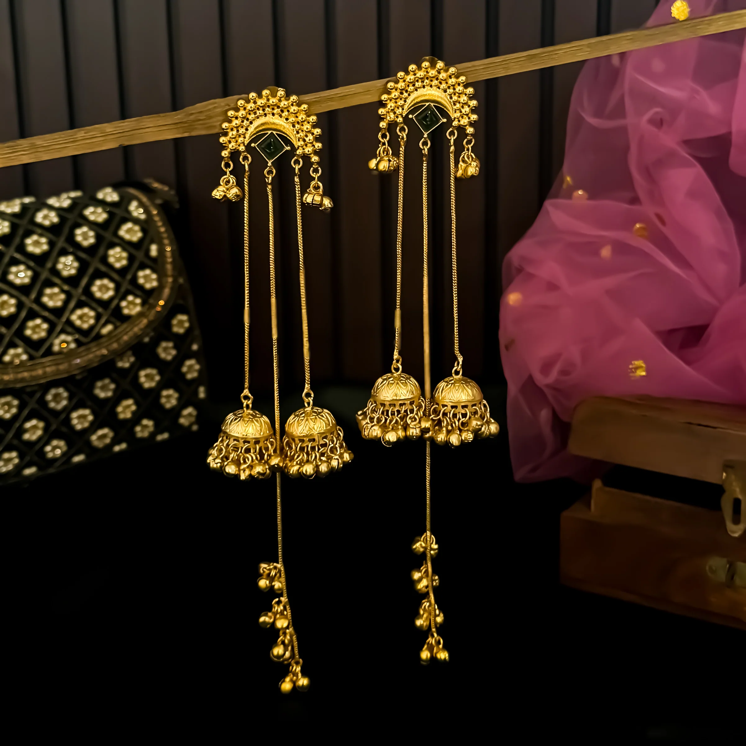Aashna Kashmiri Brass Dejhoor Jhumka Ghungroo Earrings - Green