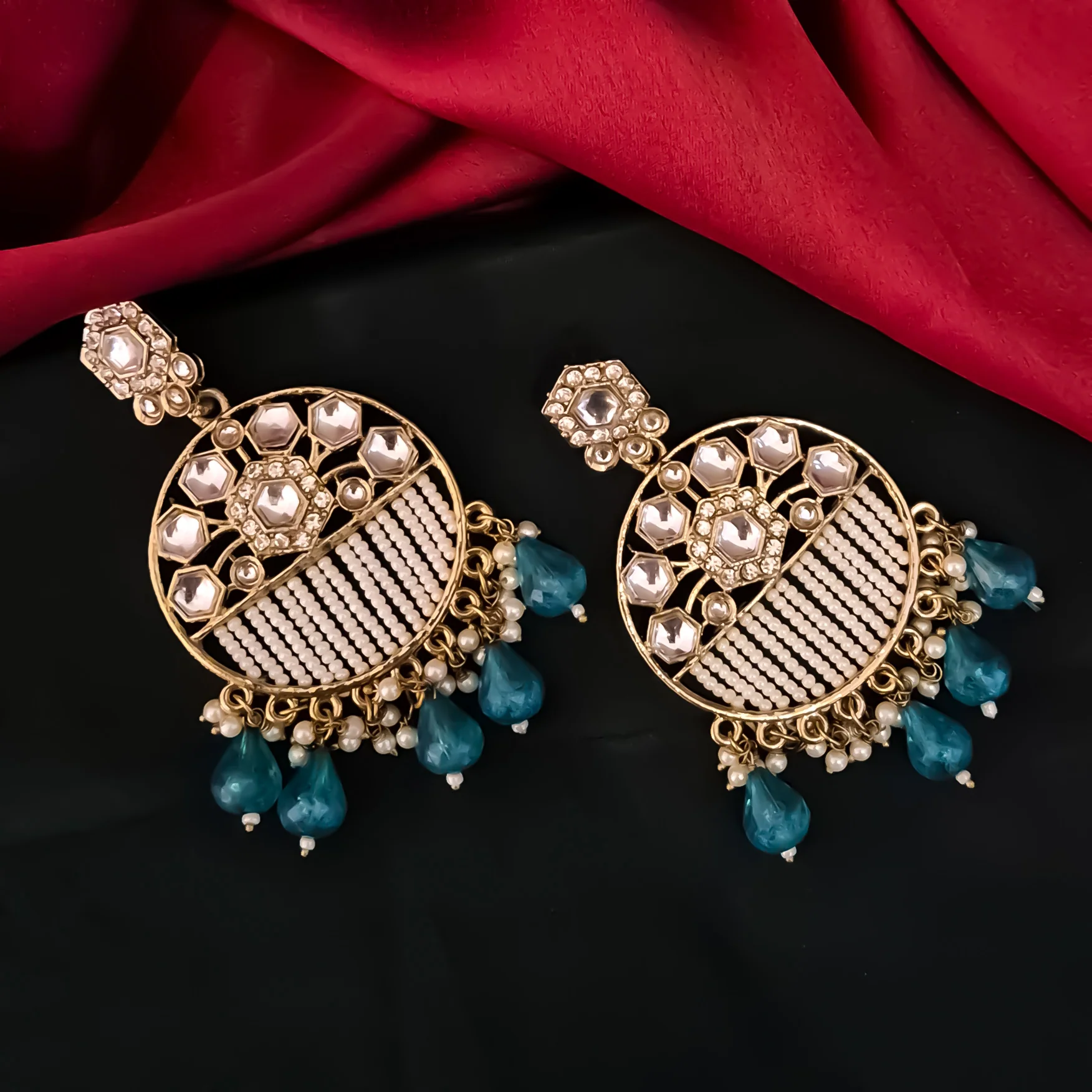 Adah Pearl Kundan Chandbali Earrings - Peacock Blue - Image 4