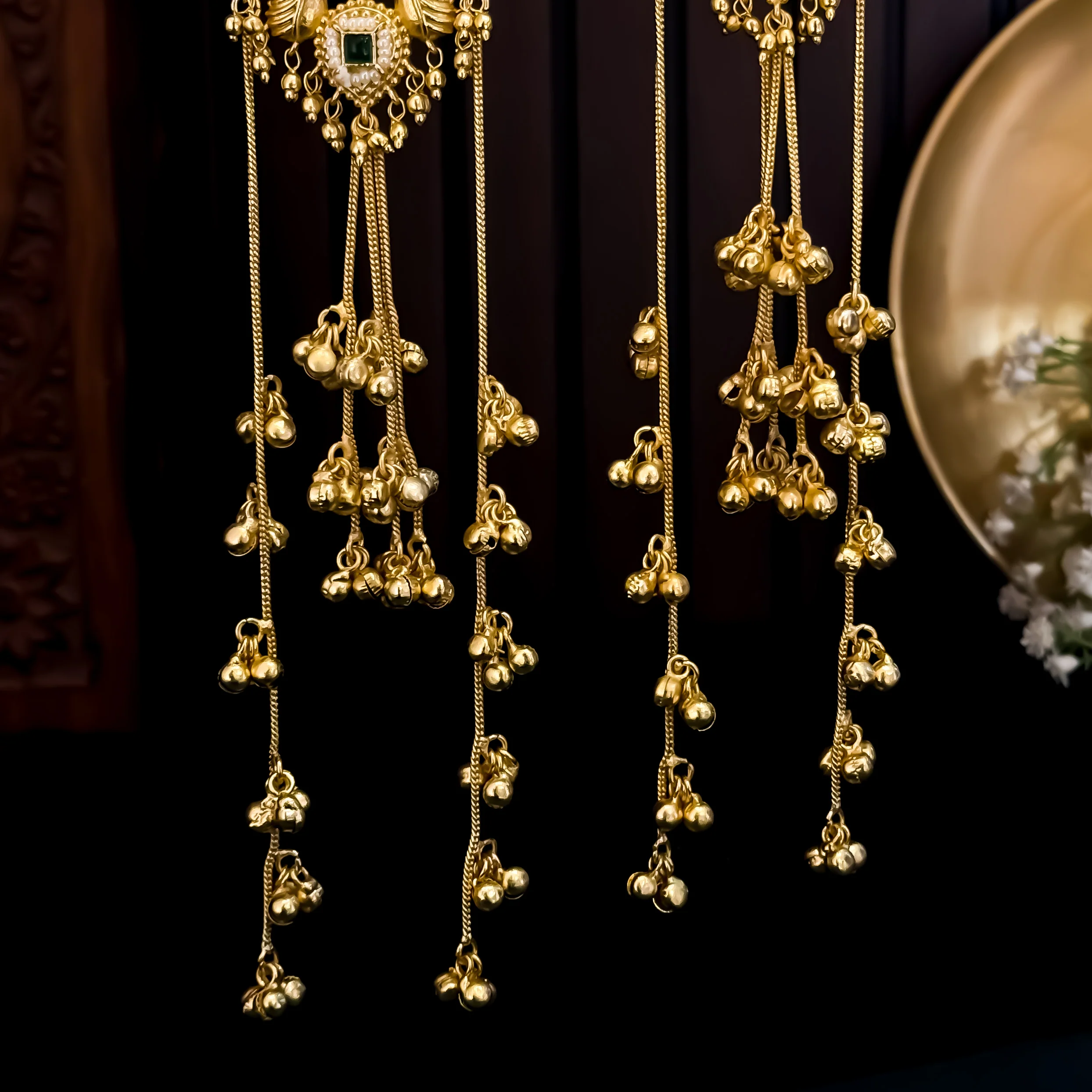 Ahana Statement Kashmiri Brass Dejhoor Jhumka Ghungroo Earrings - Green - Image 3