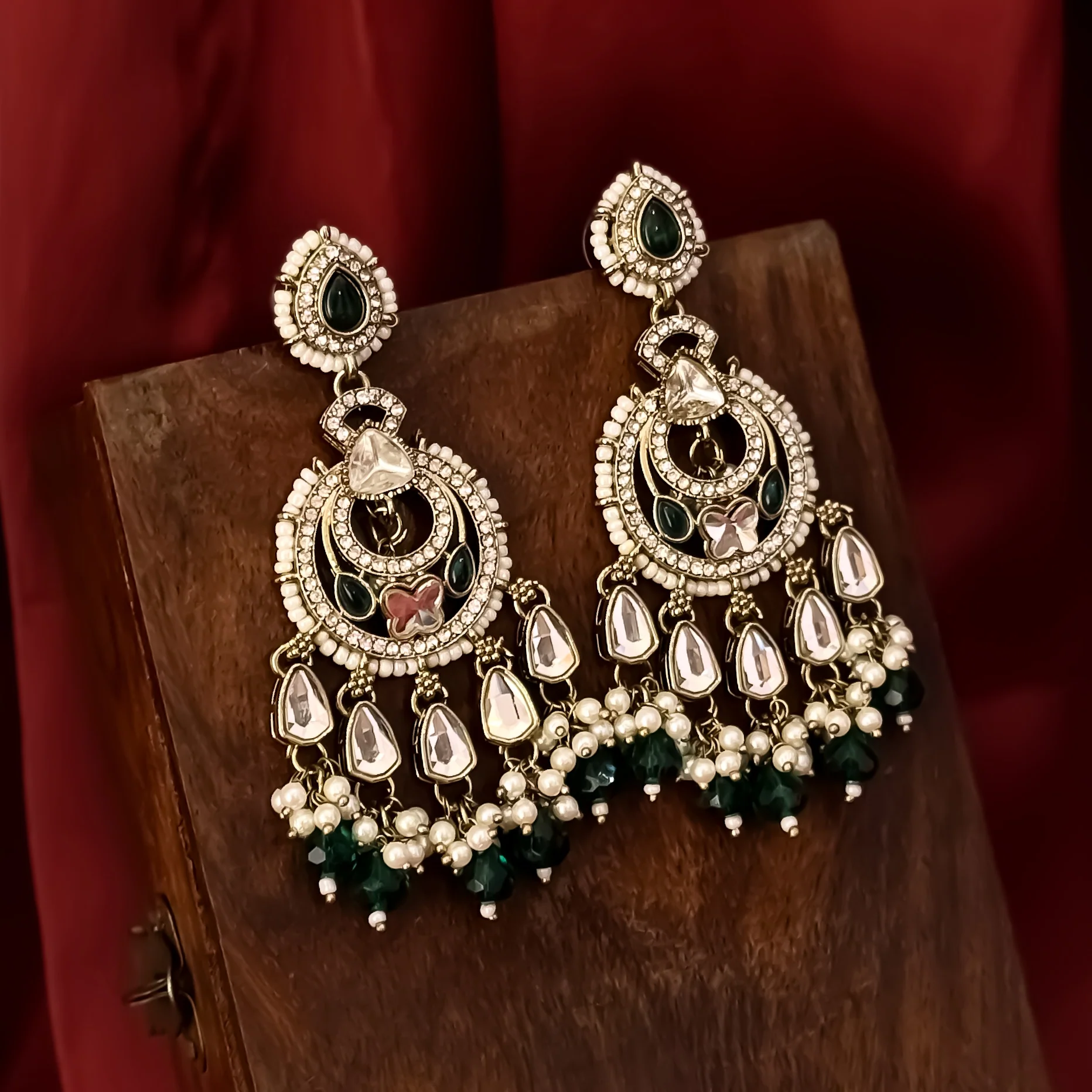 Athiya Kundan Pearl Premium Chandbali Earrings - Green - Image 2