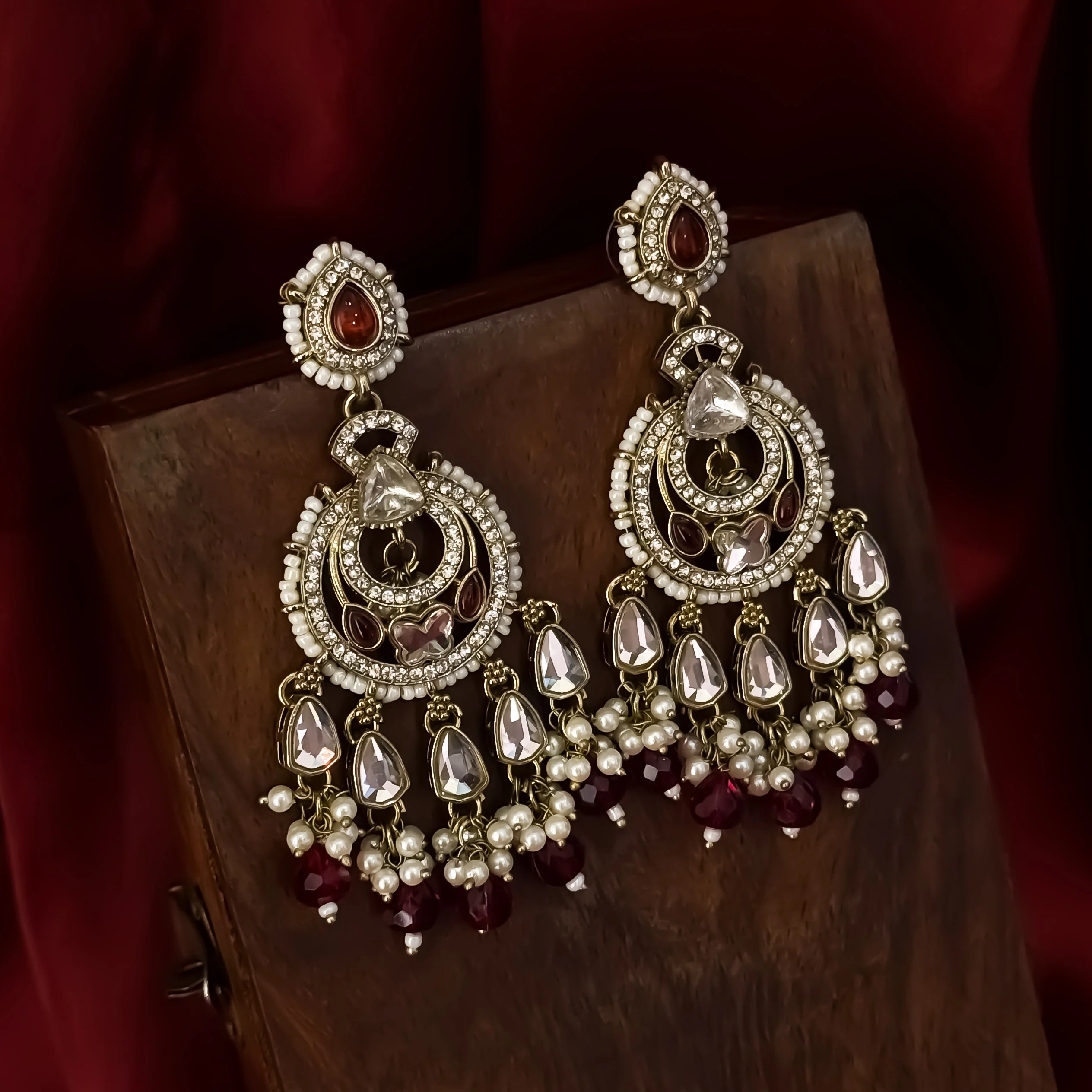 Athiya Kundan Pearl Premium Chandbali Earrings - Wine - Image 3