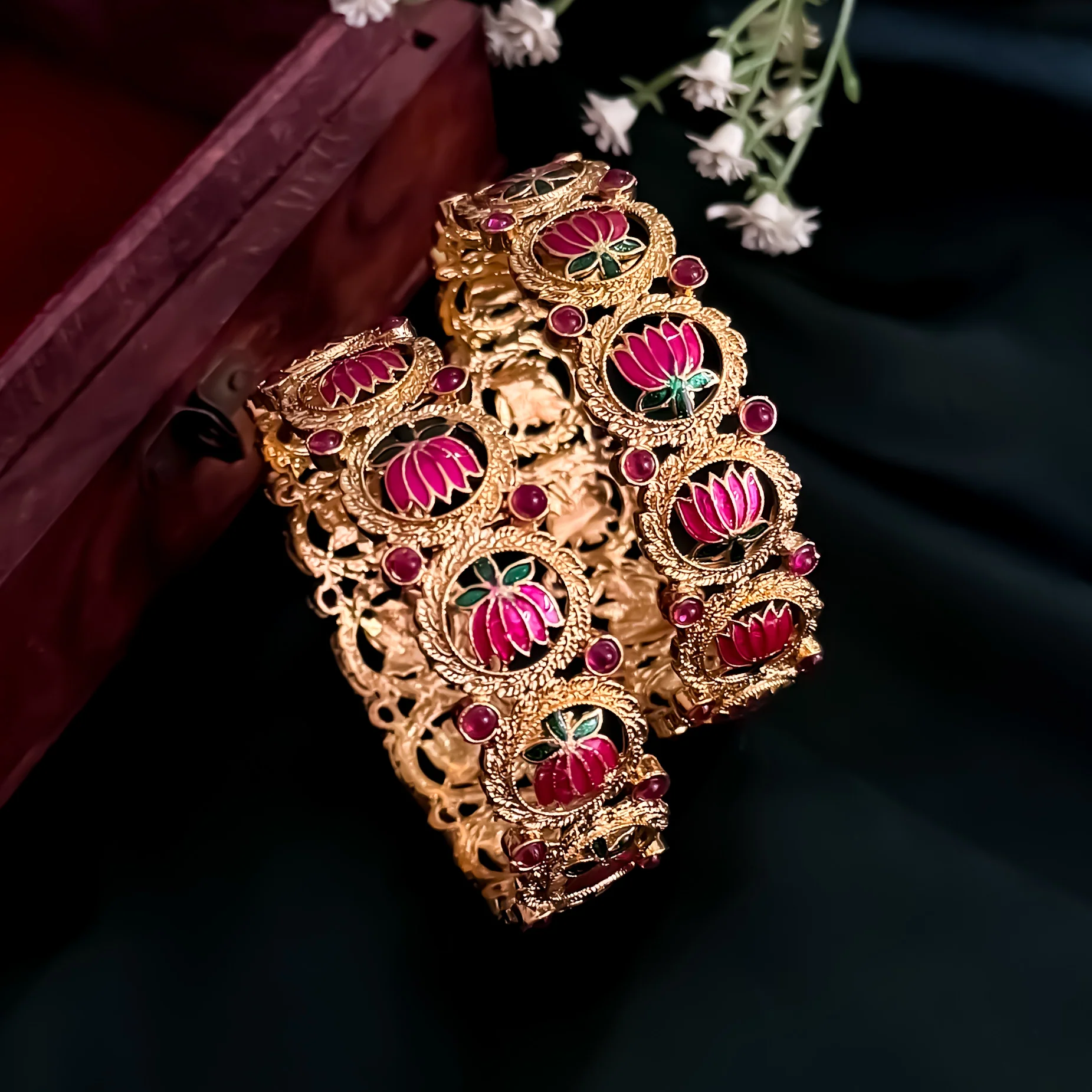 Kamalika Temple Gold Bangles - Set of 2 (Pink & Green) - Image 2