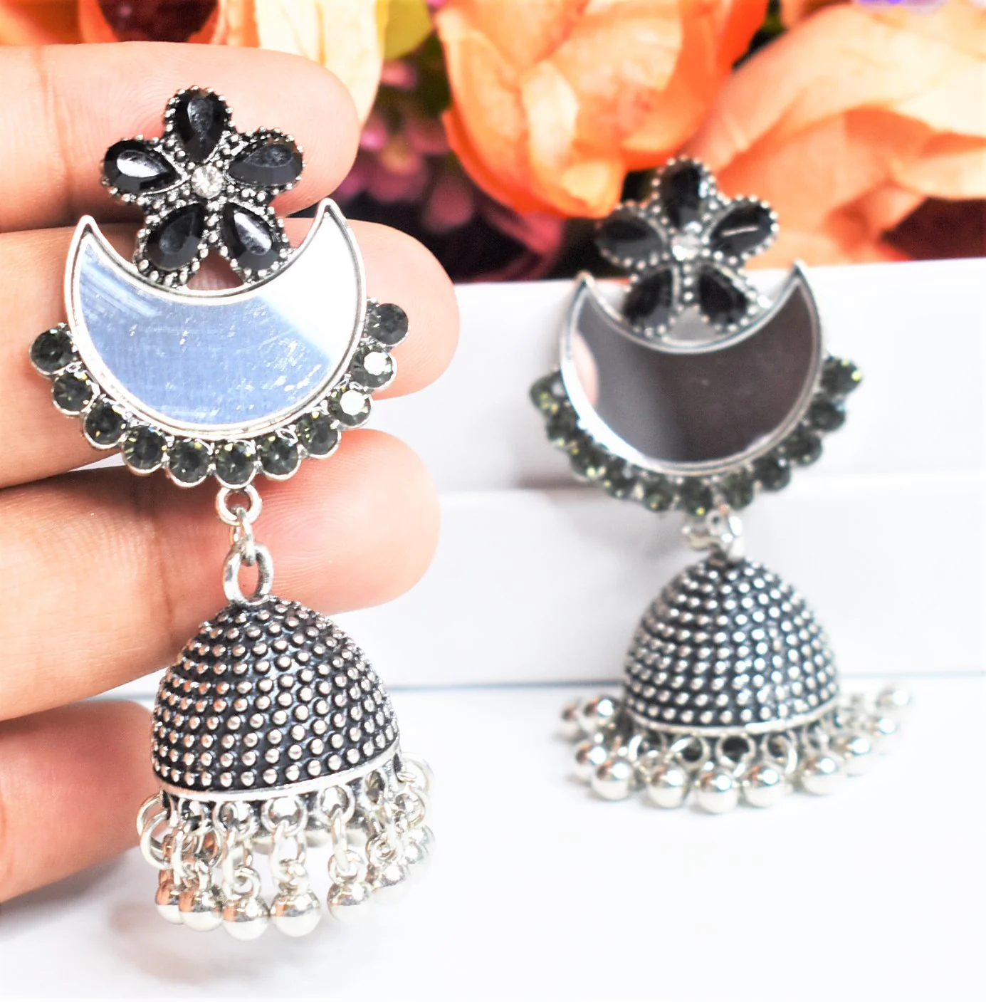 Flower Studded Silver Oxidised Mirror Jhumka Earring - Image 3
