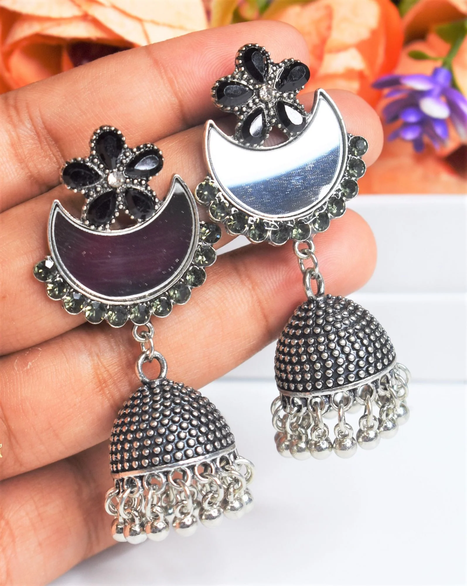 Flower Studded Silver Oxidised Mirror Jhumka Earring - Image 4