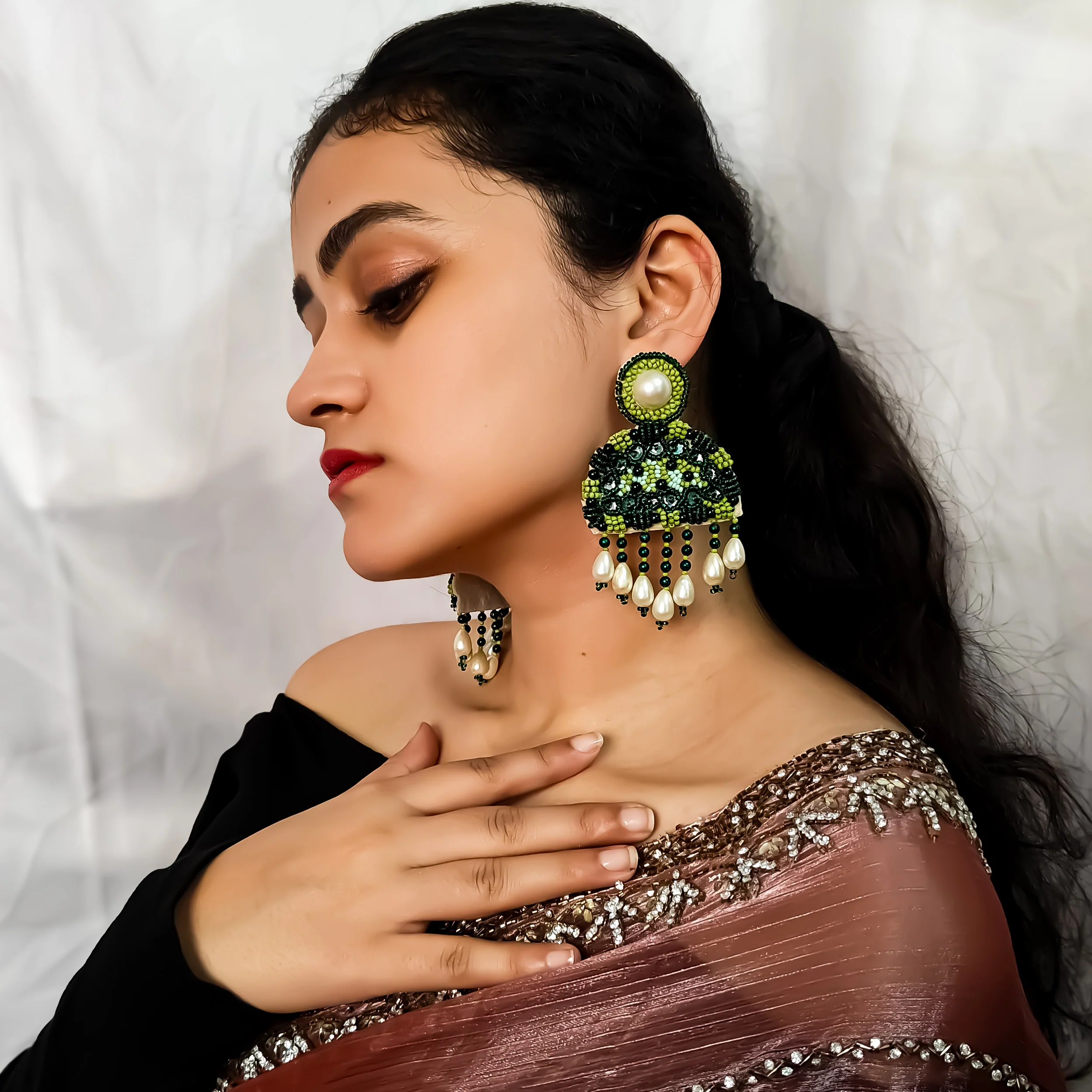 Mridul Handcrafted Earrings- Green Hue - Image 3
