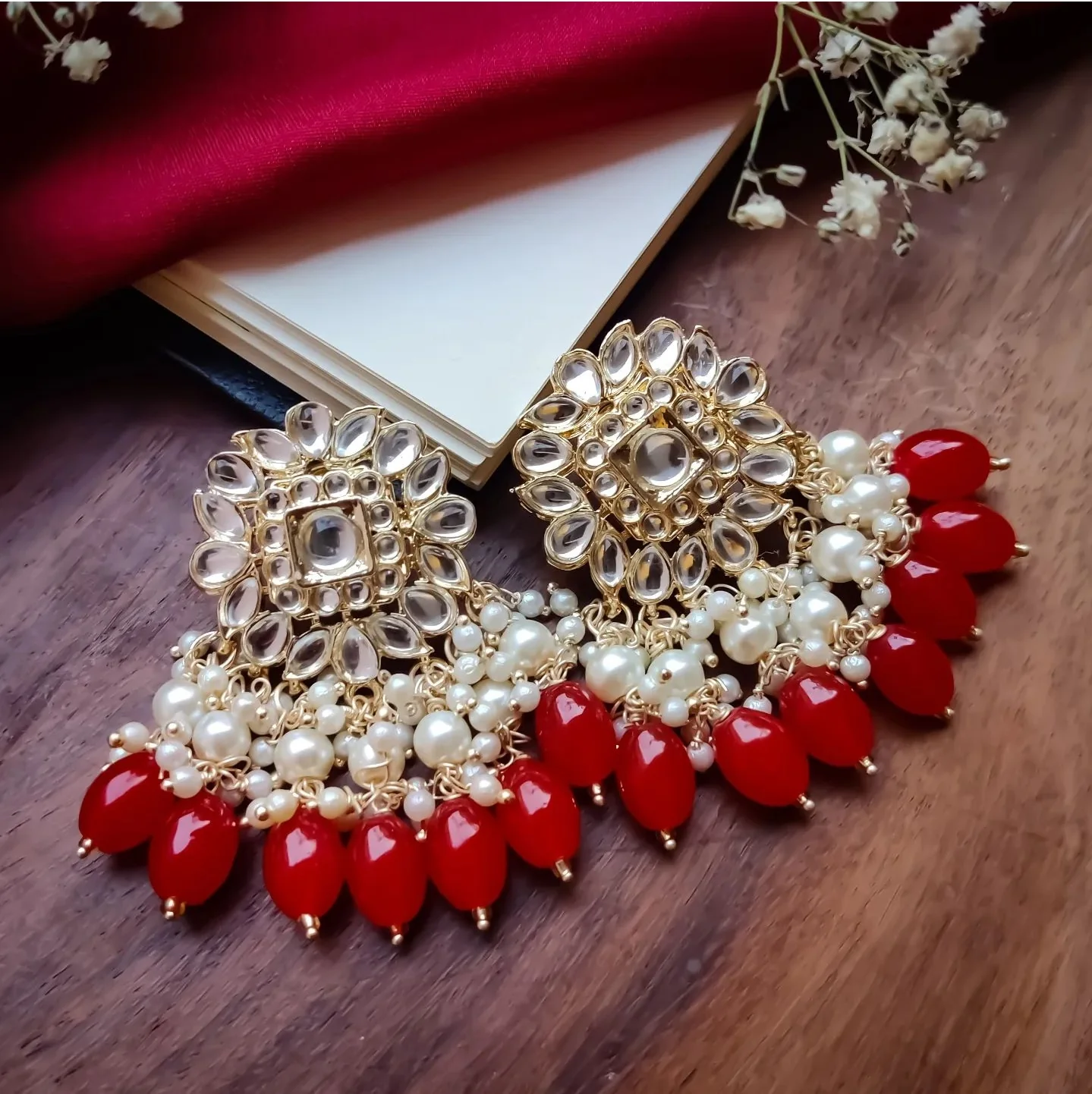 Arshi Kundan Pearl Necklace Set - Red - Image 3