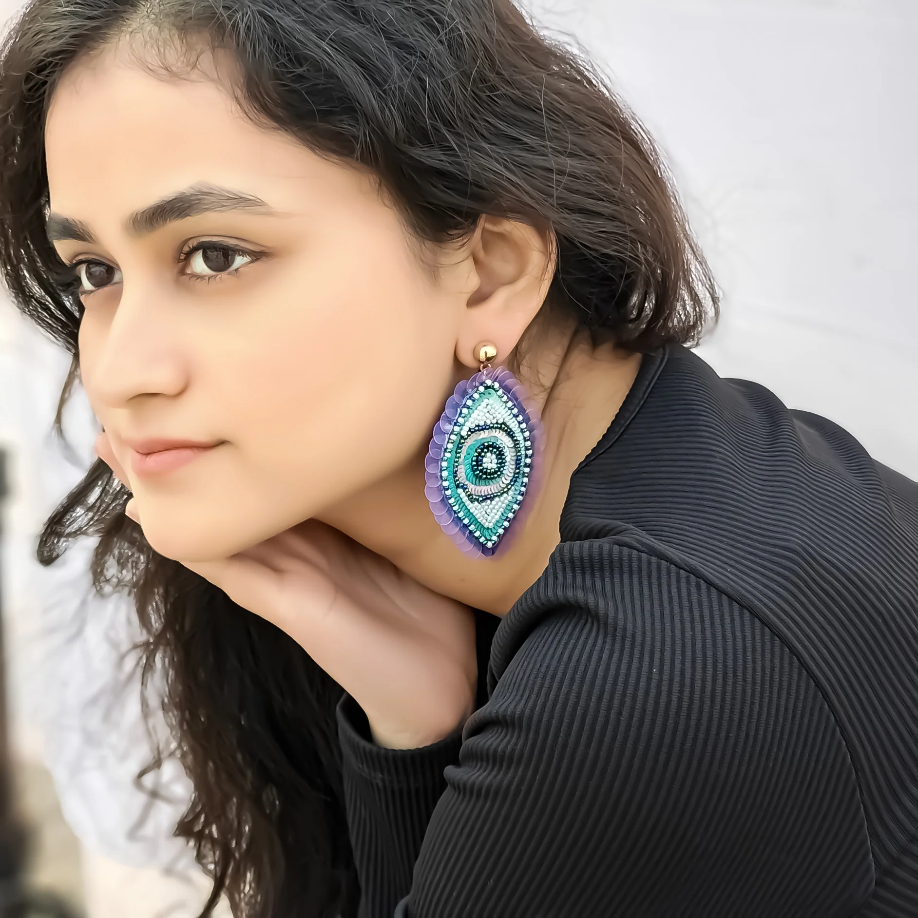 Starry Evil Eye Hand Embroidered Earrings - Image 2