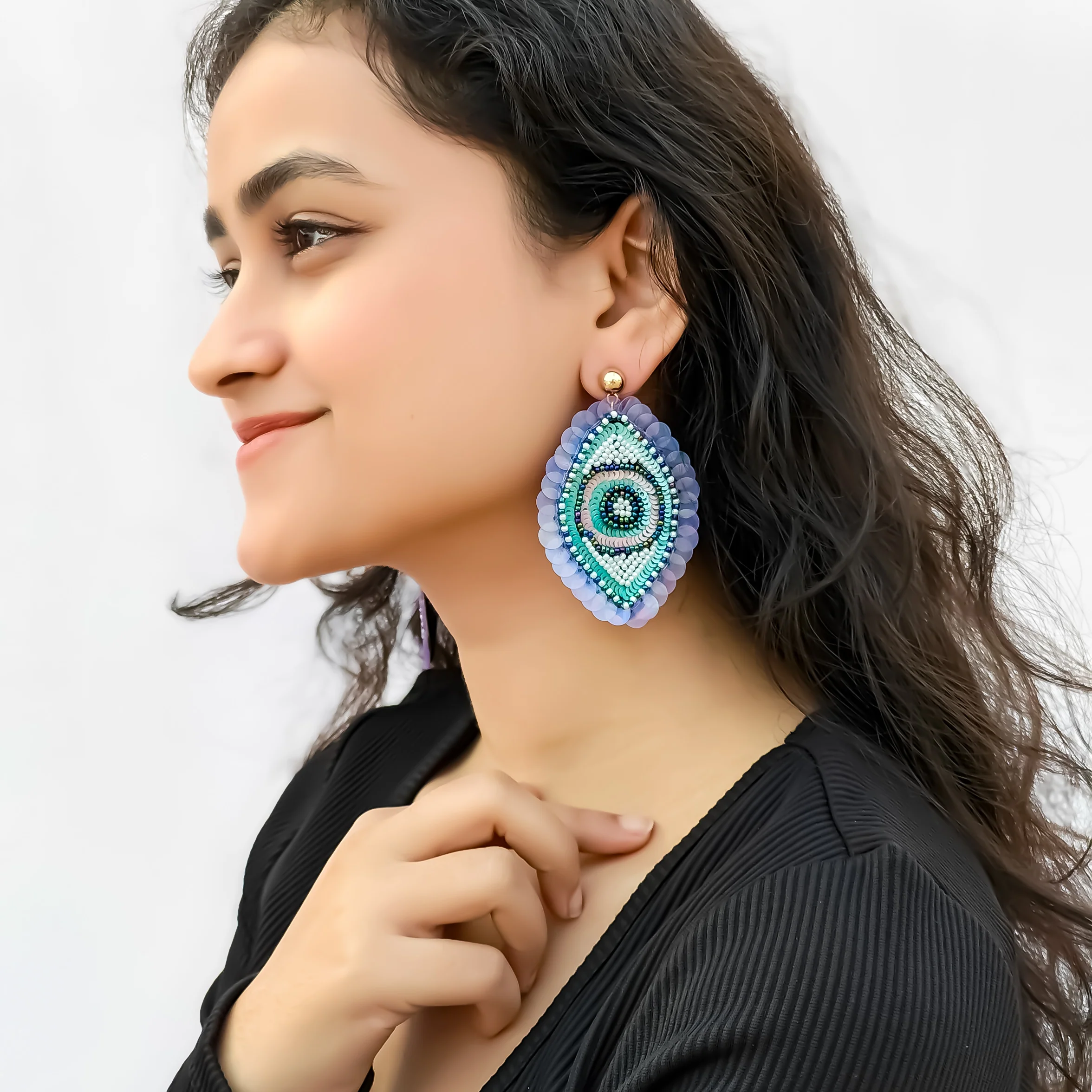 Starry Evil Eye Hand Embroidered Earrings - Image 3