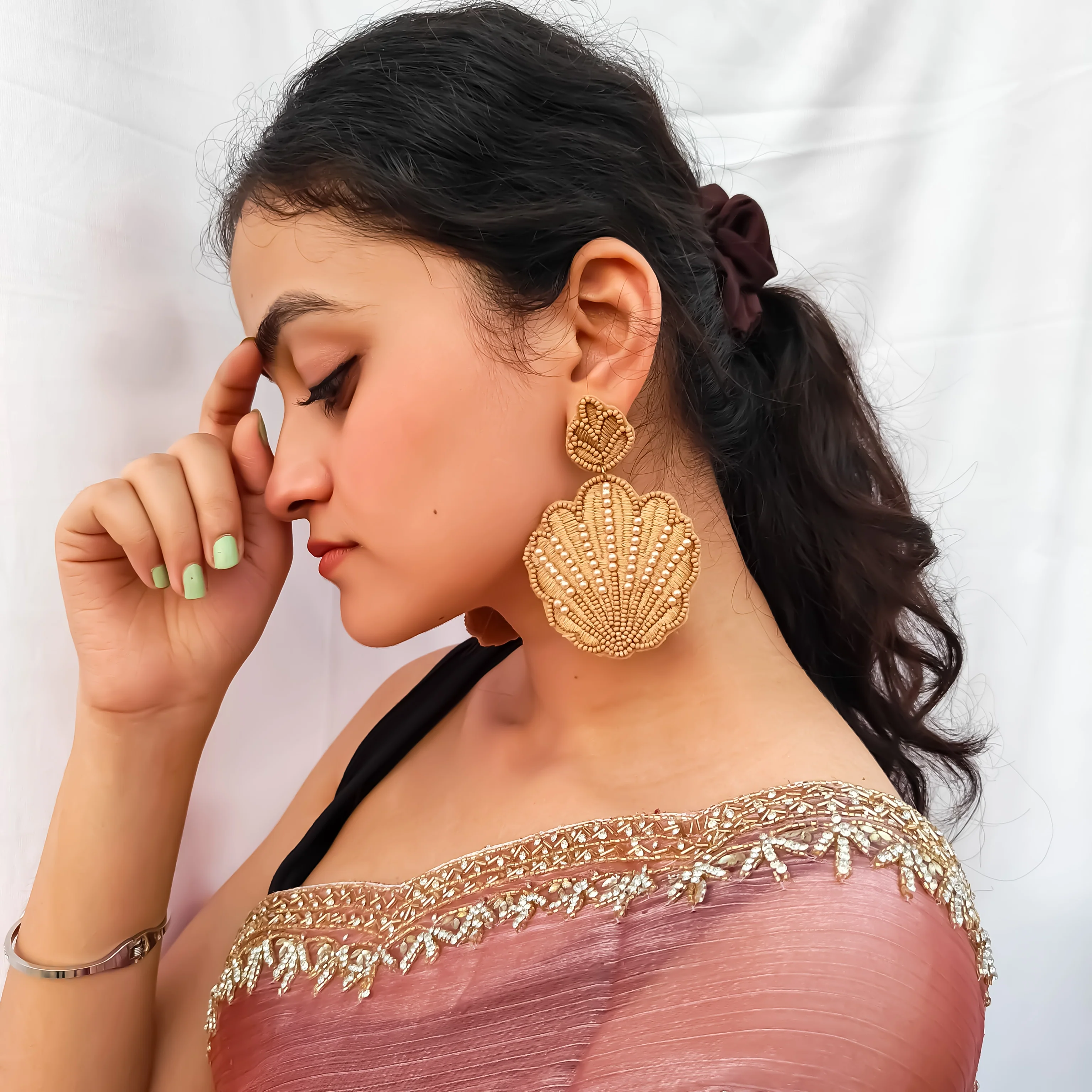 Sea Shell Hand Embroidered Earrings - Image 3