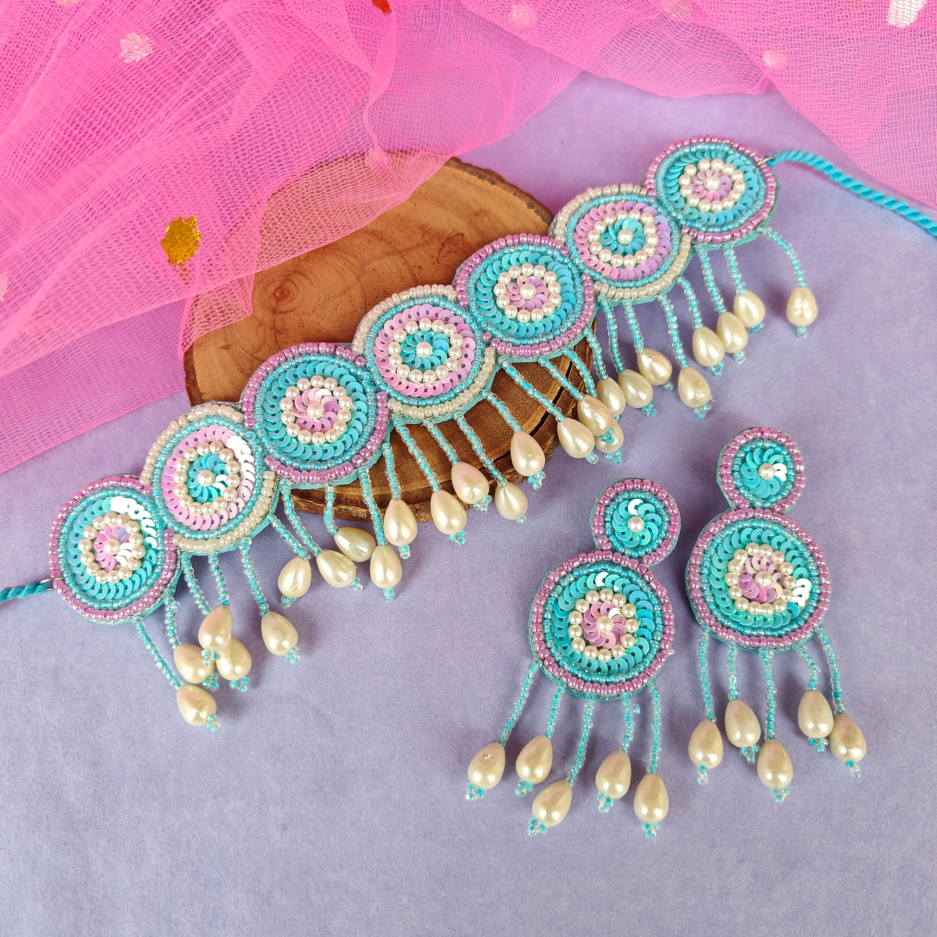 Serah Hand Embroidered Necklace set- Sky Blue - Image 4