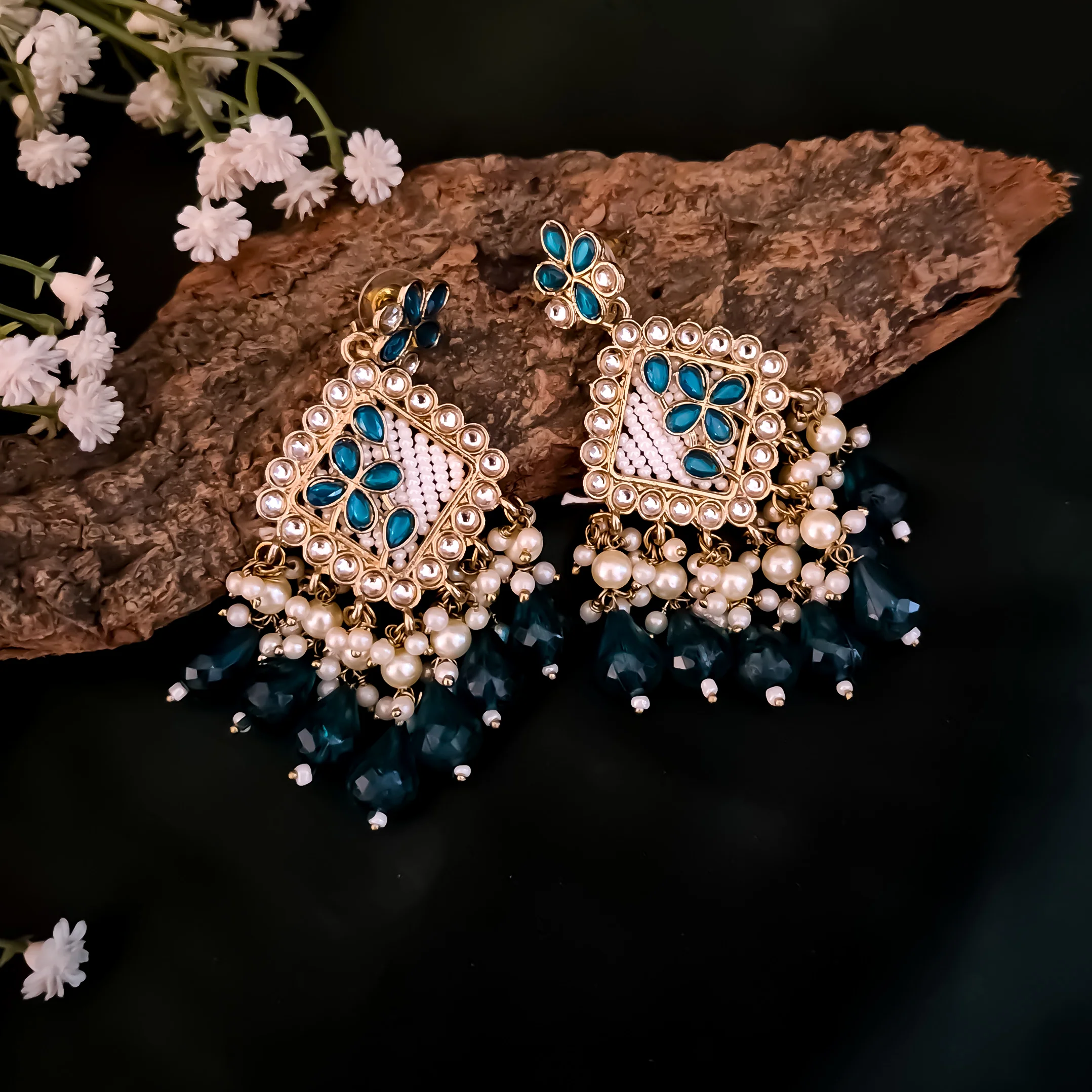 Jayati Kundan Pearl  Earrings - Peacock Blue - Image 2