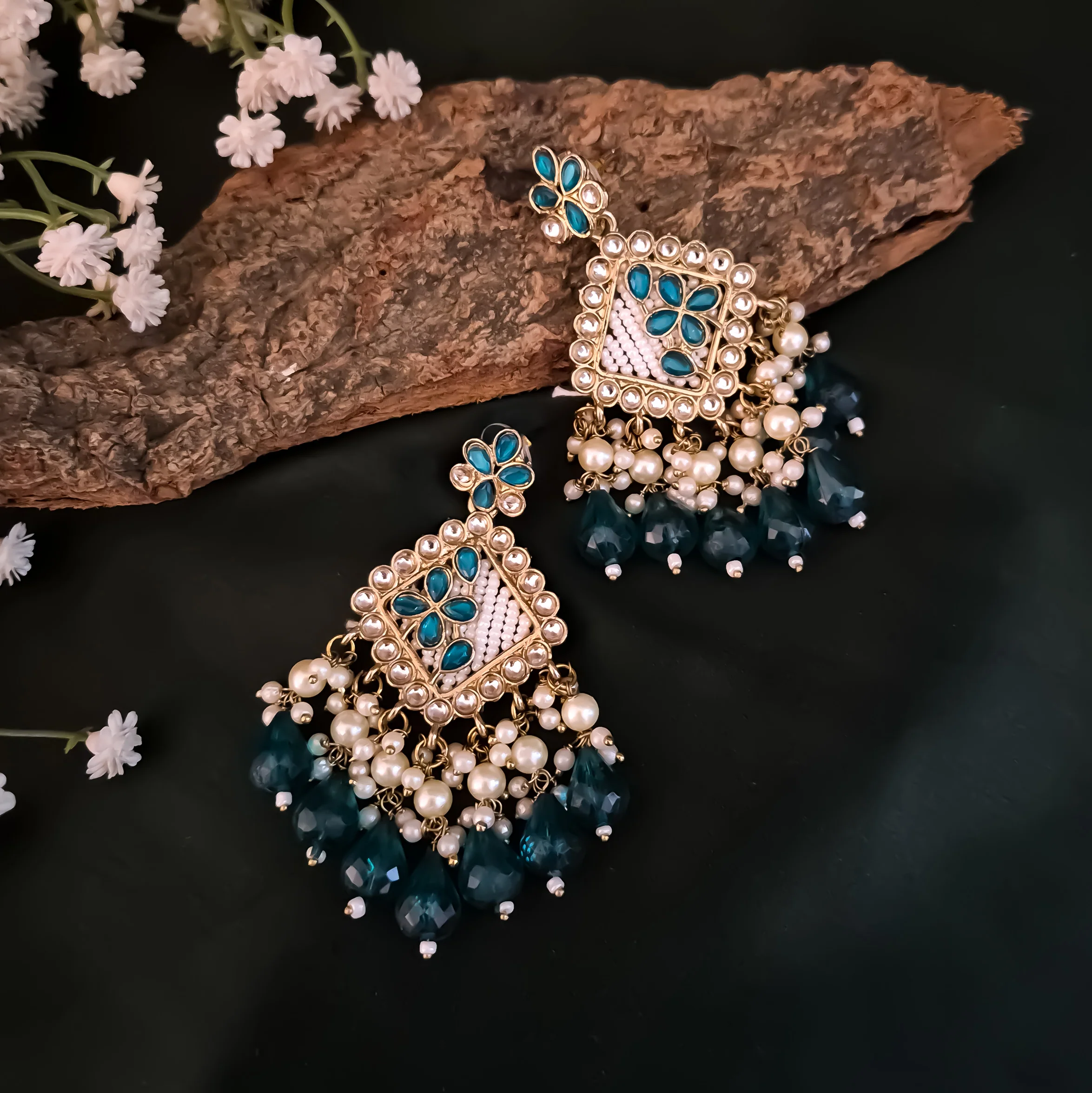 Jayati Kundan Pearl  Earrings - Peacock Blue - Image 3