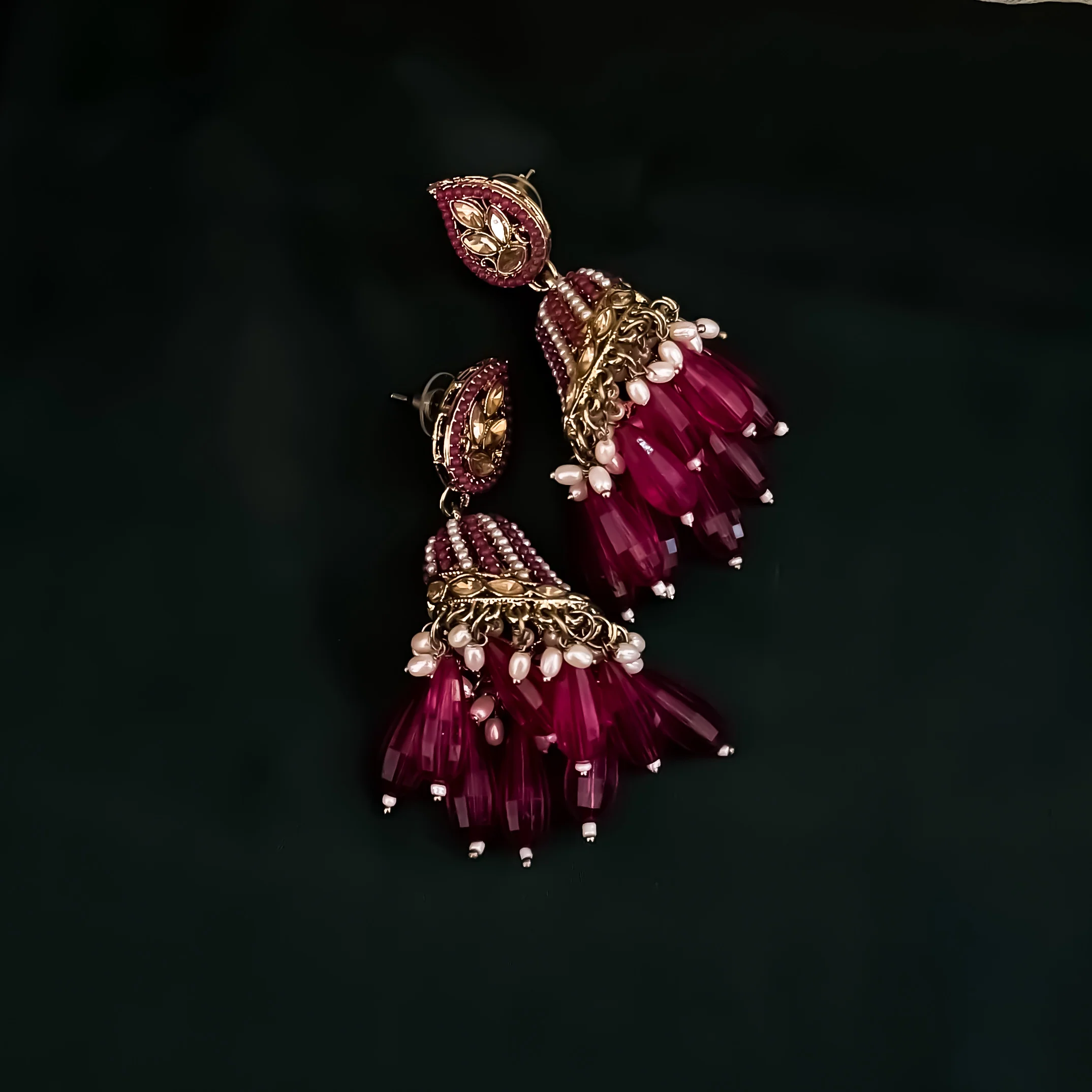 Maheer Jadau Jhumka Earrings - Hot Pink - Image 3