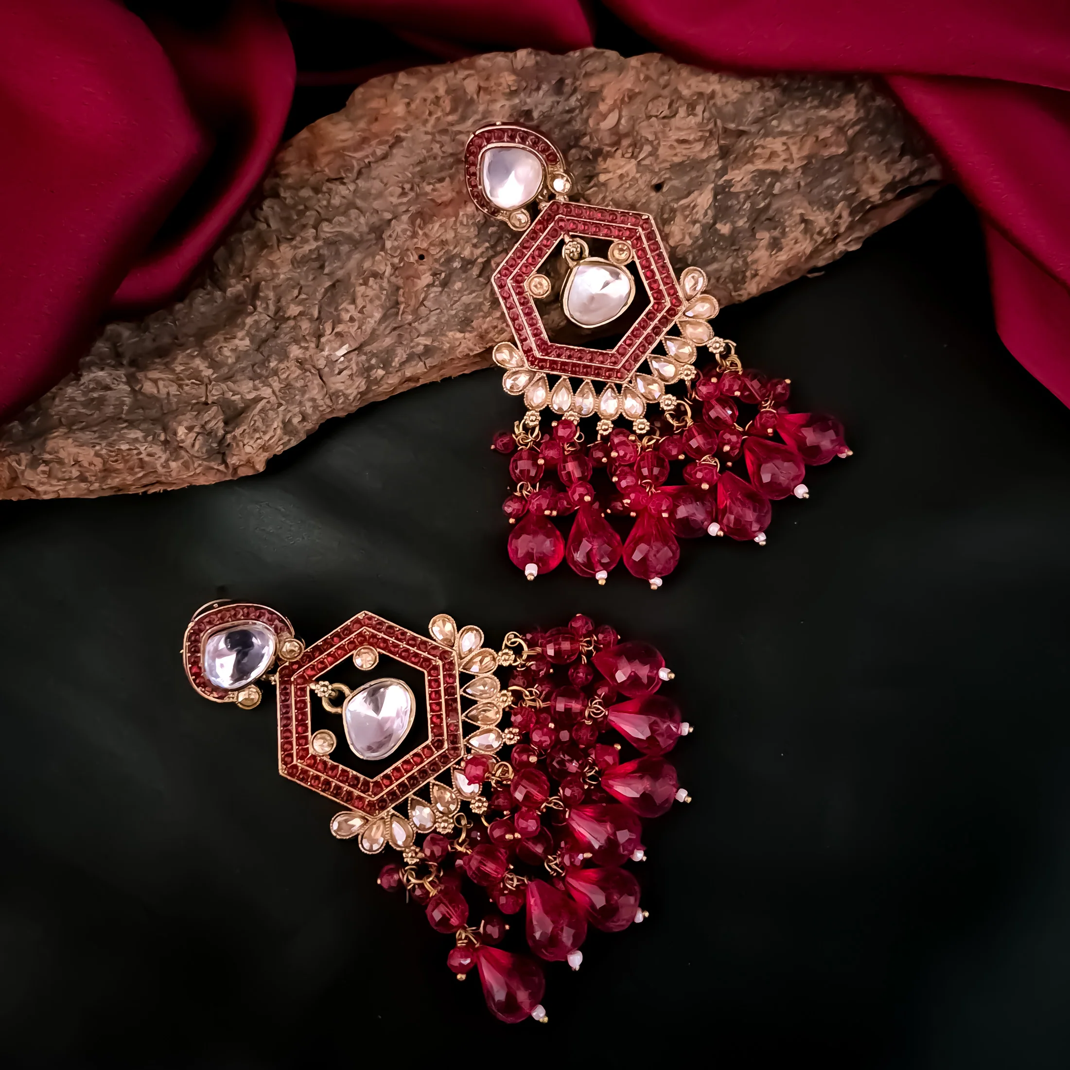 Mandana Kundan Chandbali Earrings - Red - Image 3
