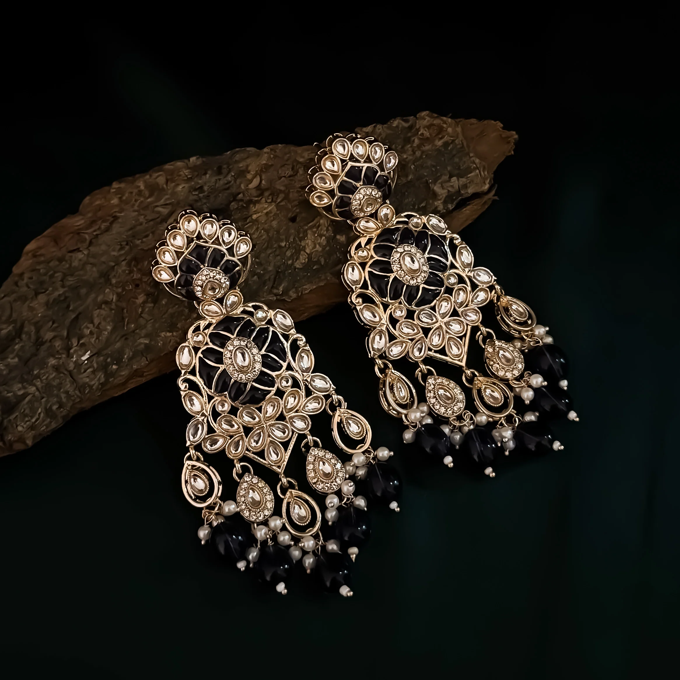 Medha Meenakari Pearl Chandbali Earrings - Navy Blue - Image 2