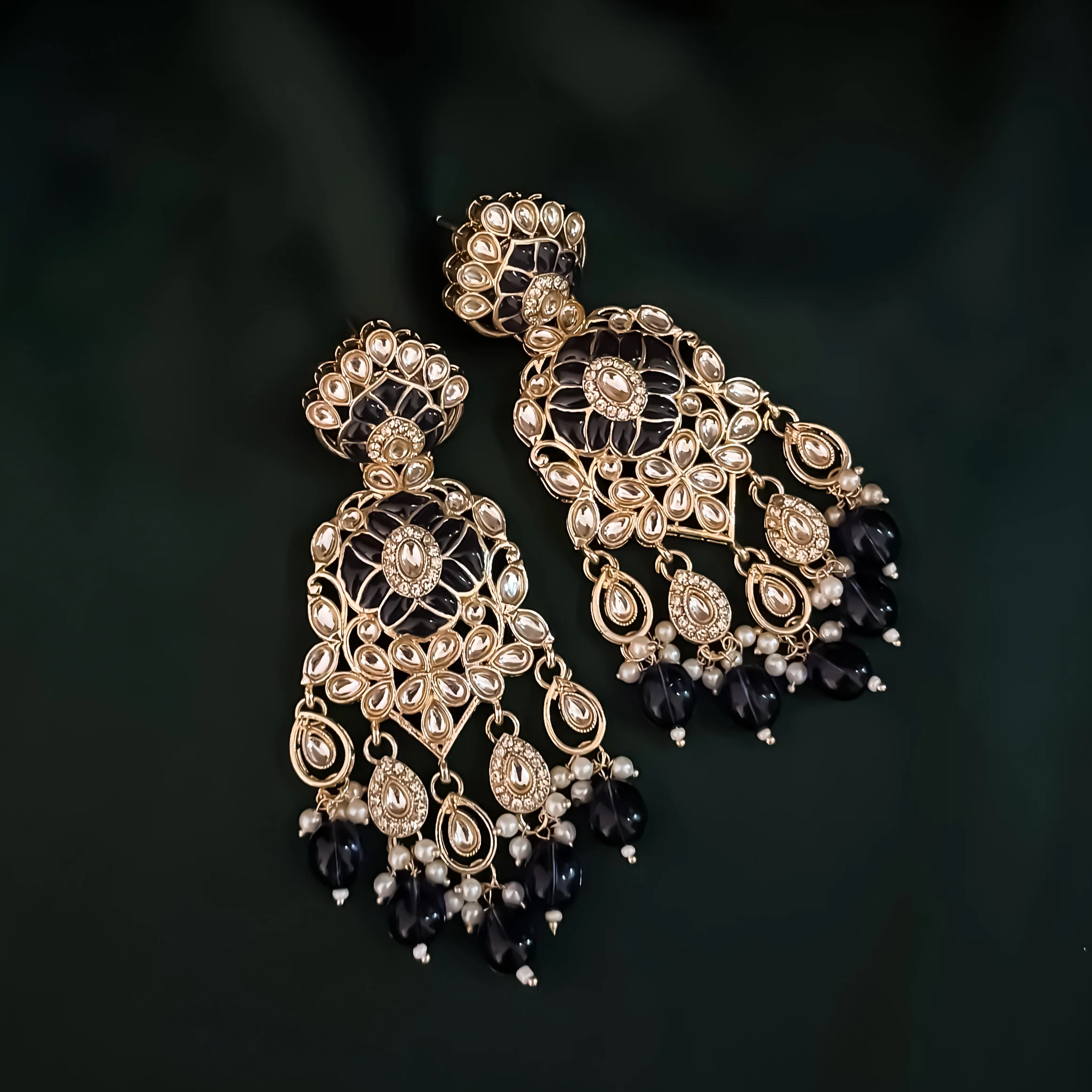 Medha Meenakari Pearl Chandbali Earrings - Navy Blue - Image 3