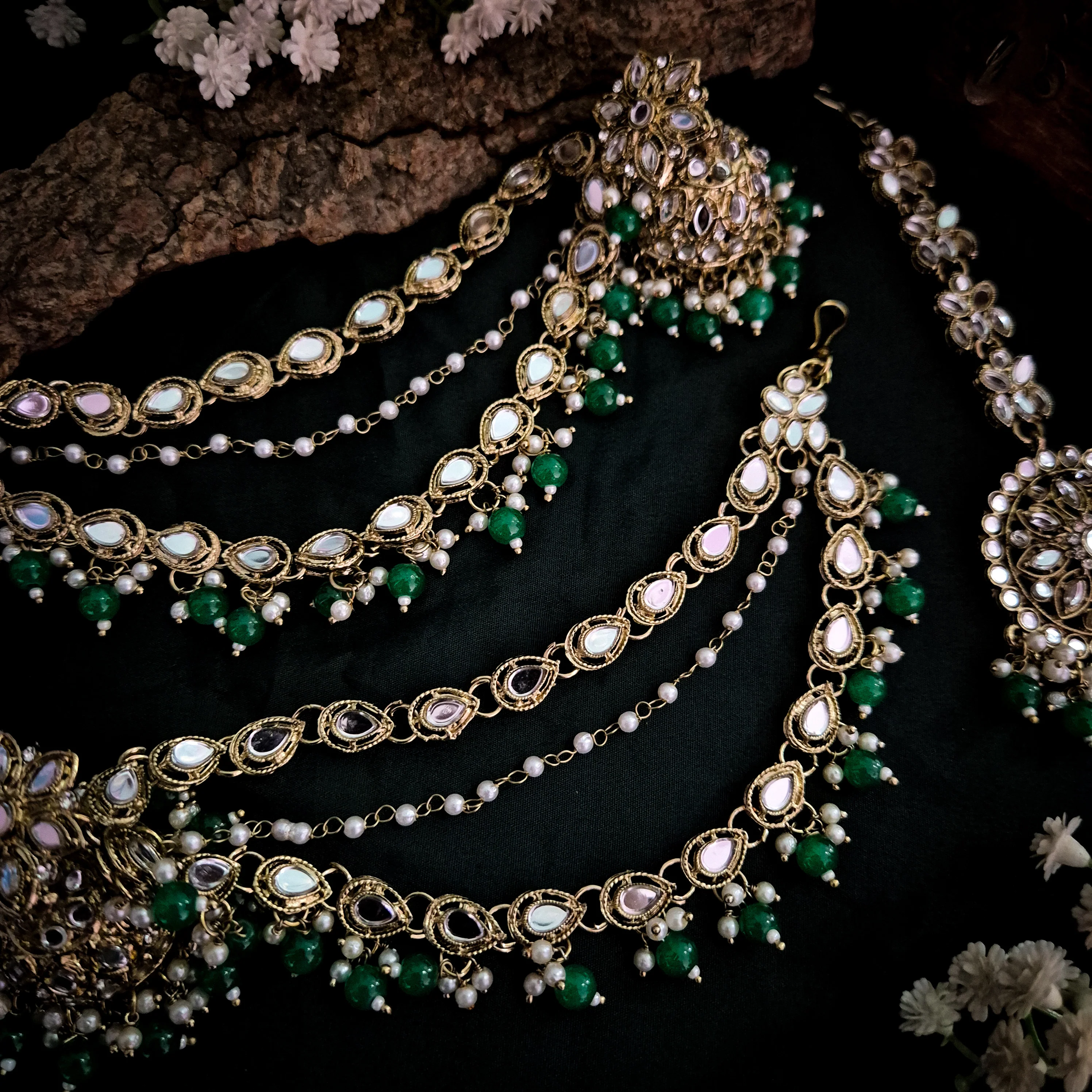 Mehek Mirror Jhumka Earrings with Sahara & Teeka- Green - Image 2