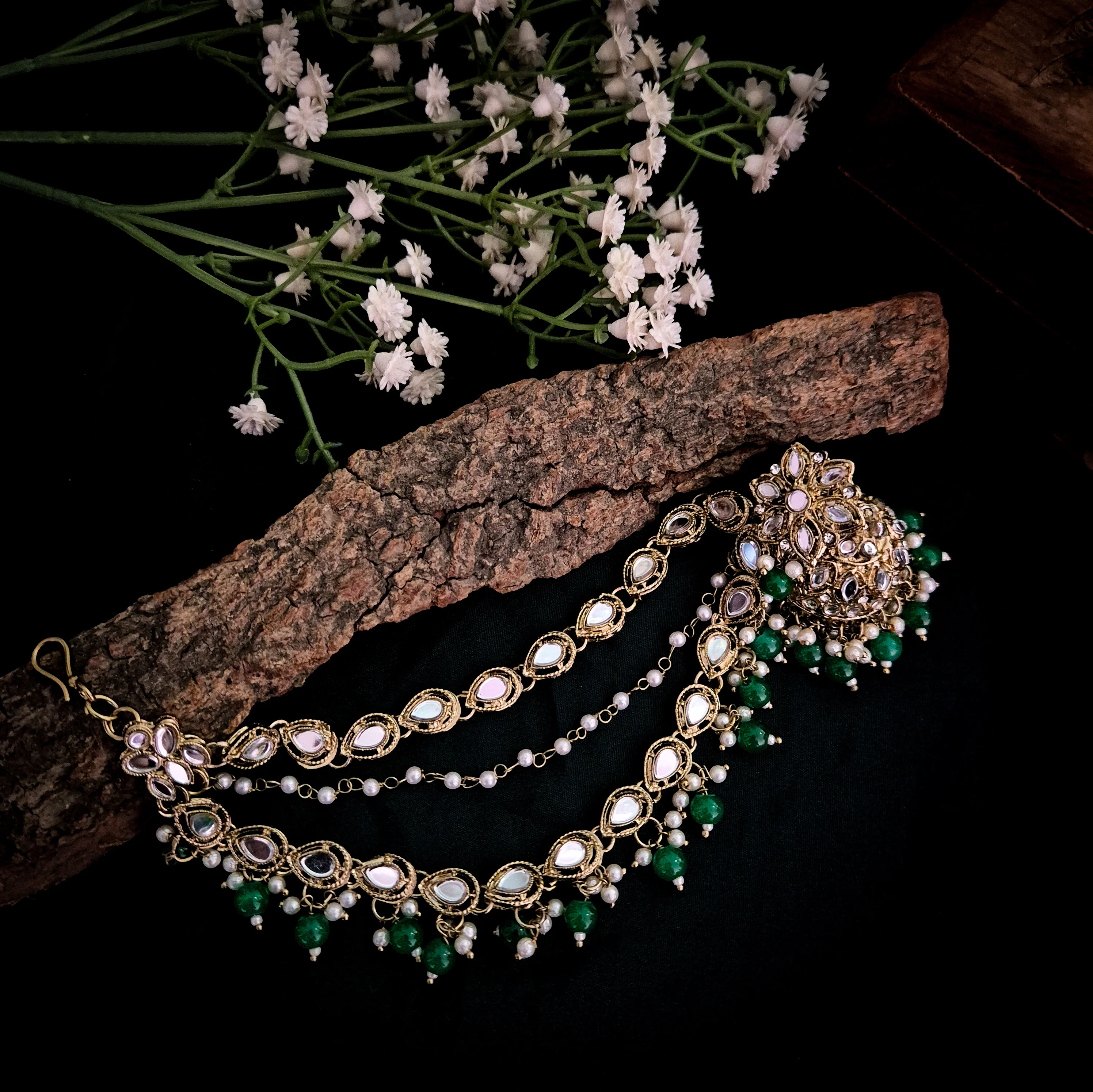 Mehek Mirror Jhumka Earrings with Sahara & Teeka- Green - Image 4