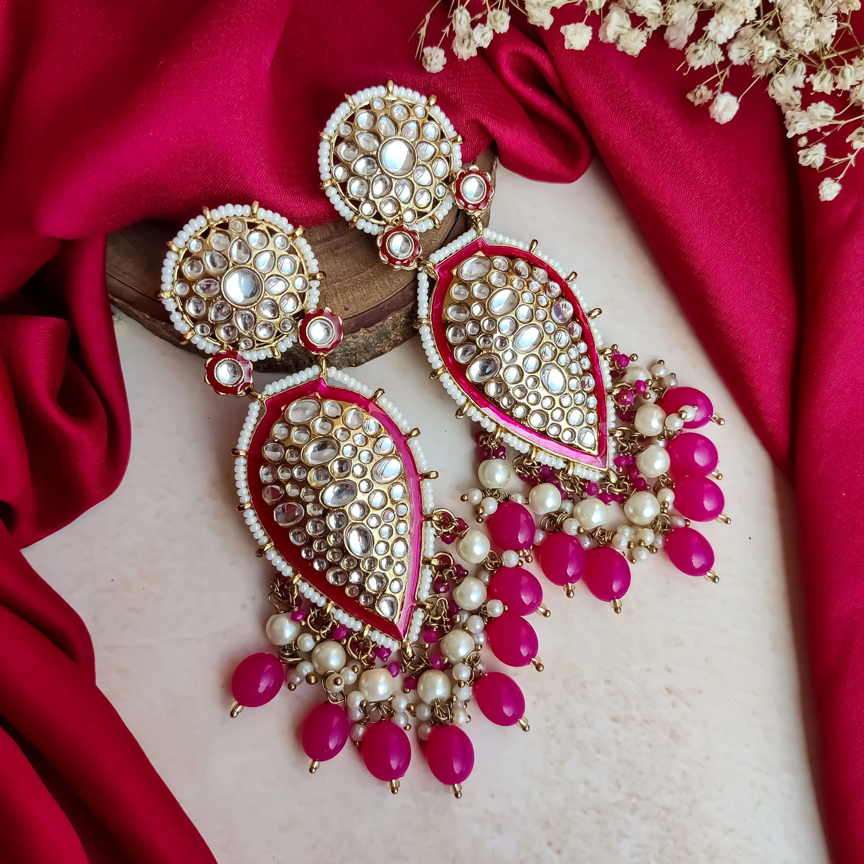 Jannat Pearl Drop Dangler Chandbali  Earring - Pink - Image 3