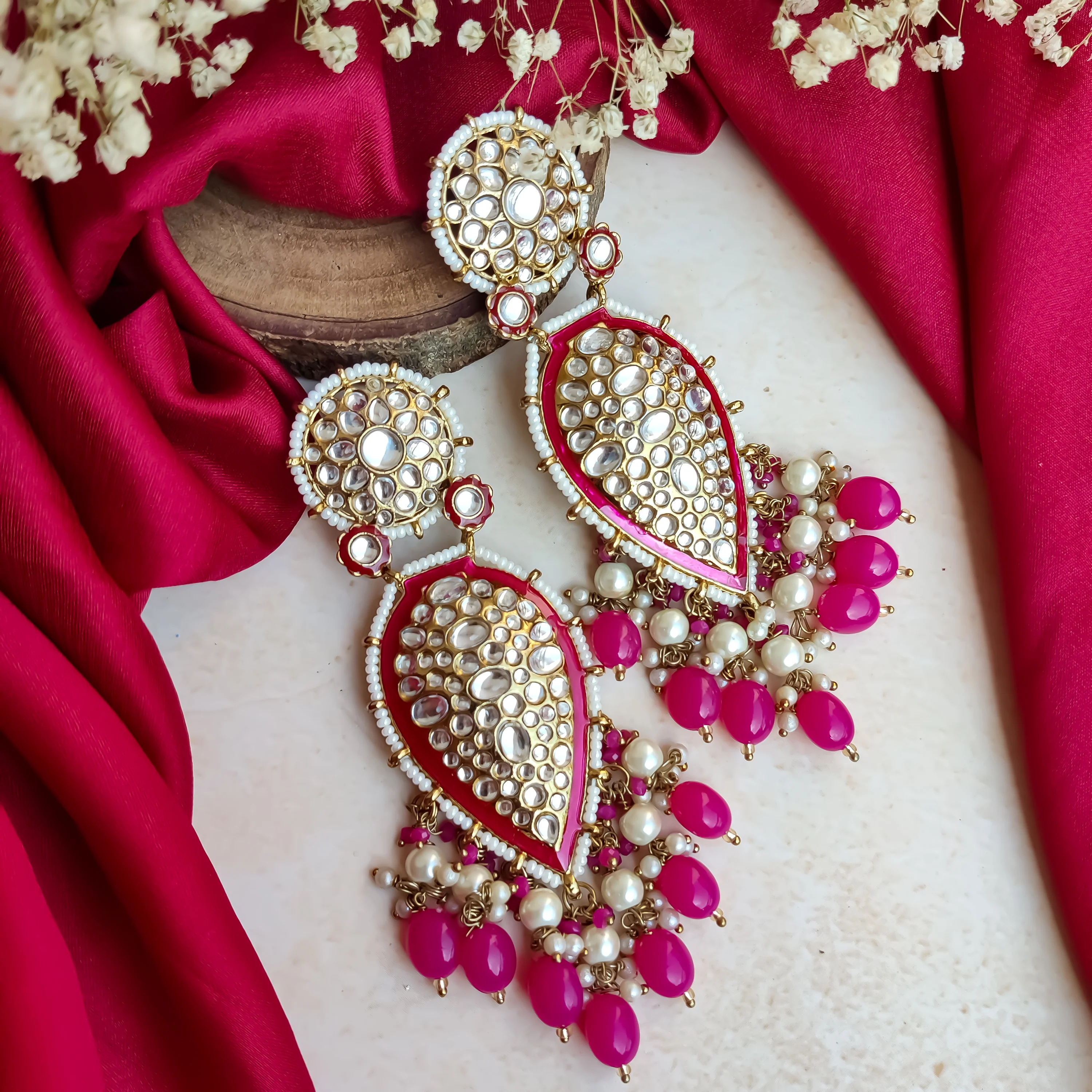 Jannat Pearl Drop Dangler Chandbali  Earring - Pink - Image 5