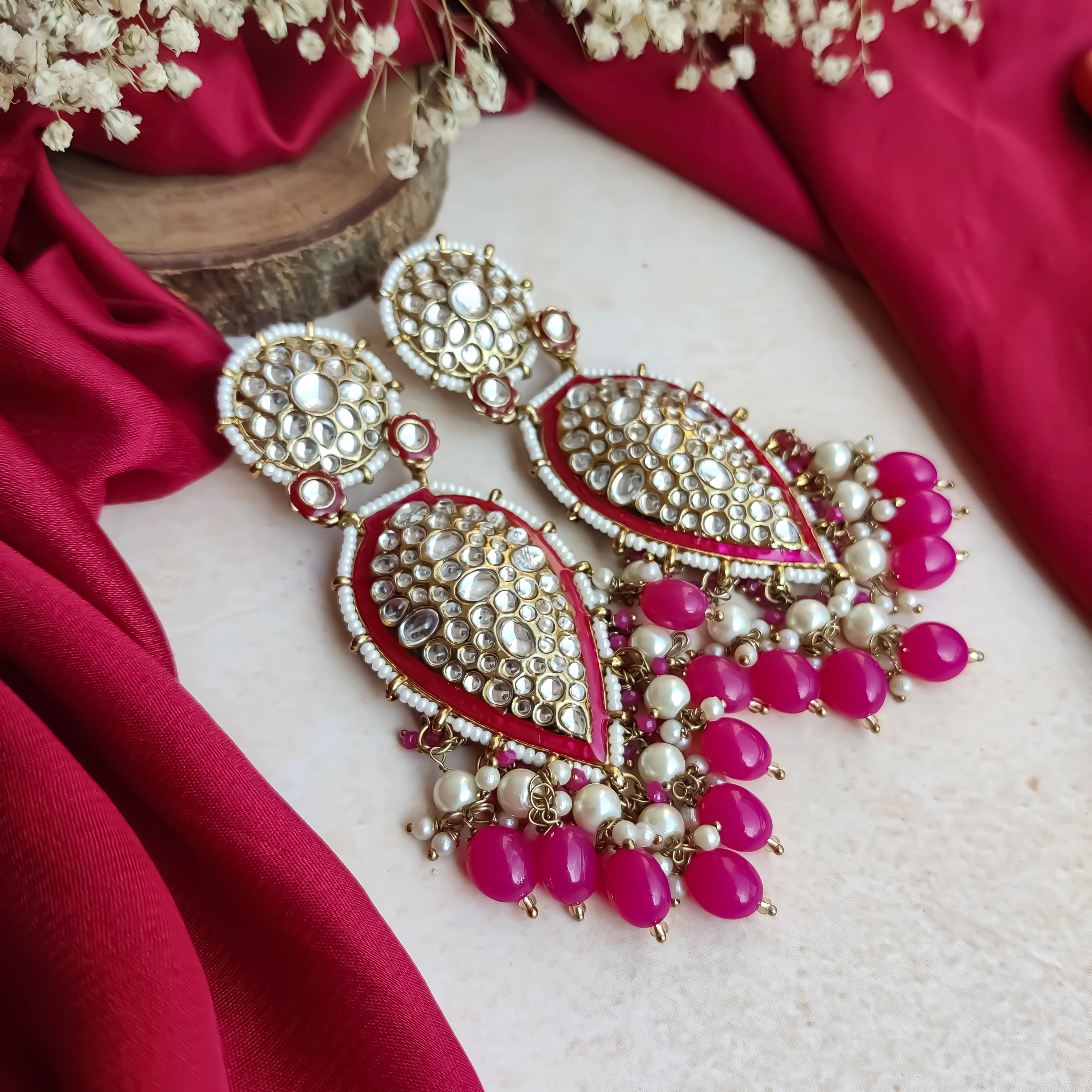 Jannat Pearl Drop Dangler Chandbali  Earring - Pink - Image 6