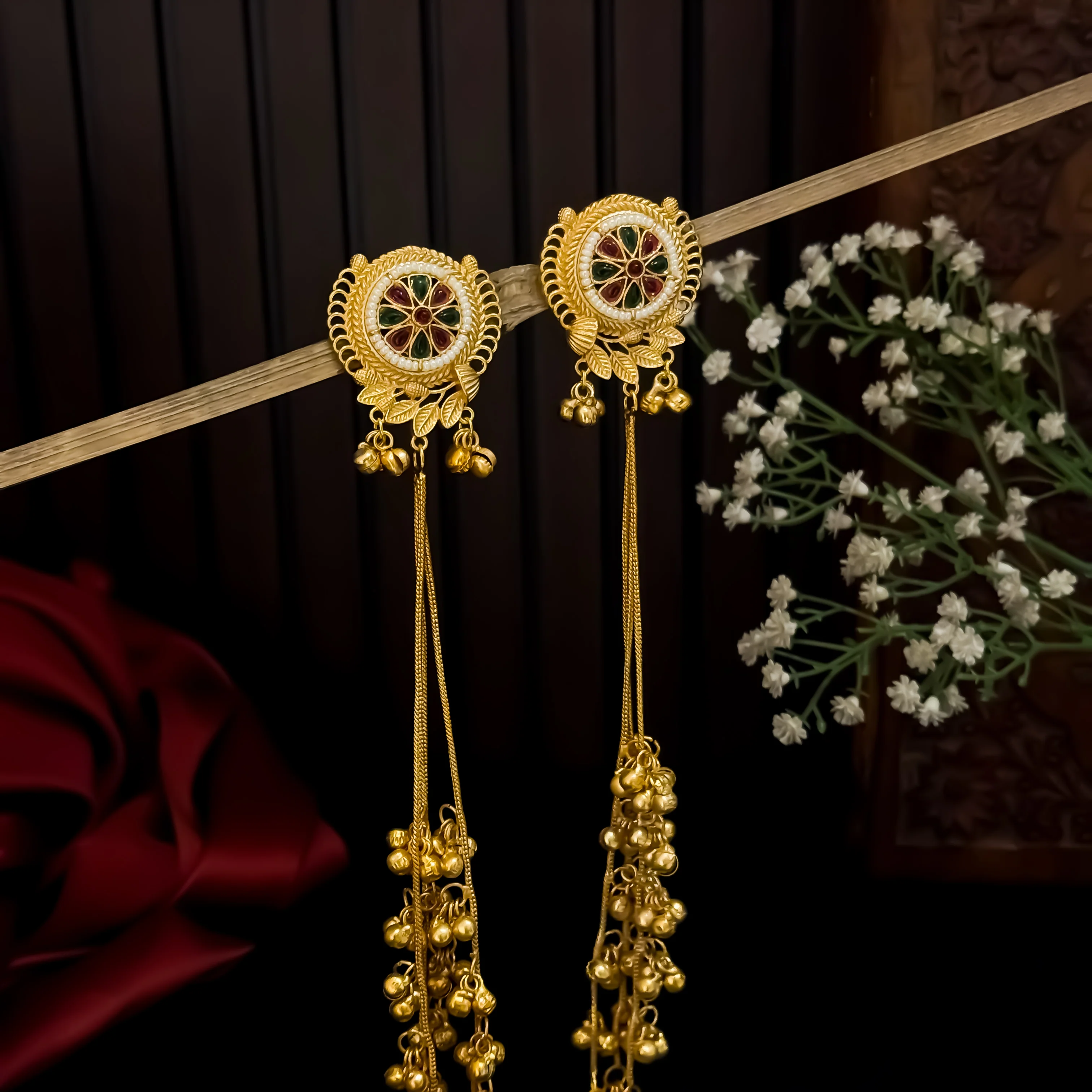Unnati Premium Kashmiri Brass Dejhoor Ghungroo Earrings - Pink & Green - Image 2