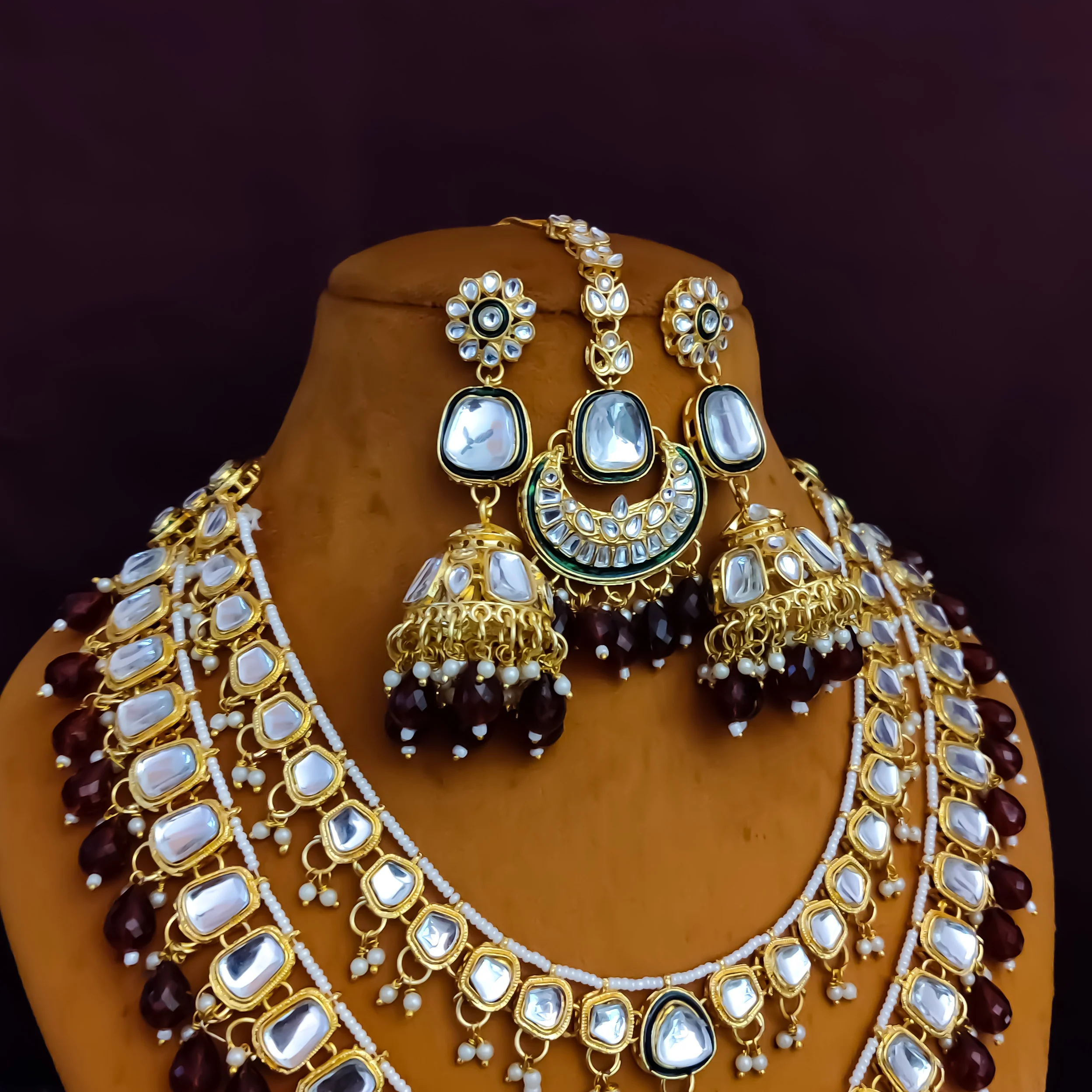 Deep Double layer Kundan Necklace Set - Maroon - Image 4