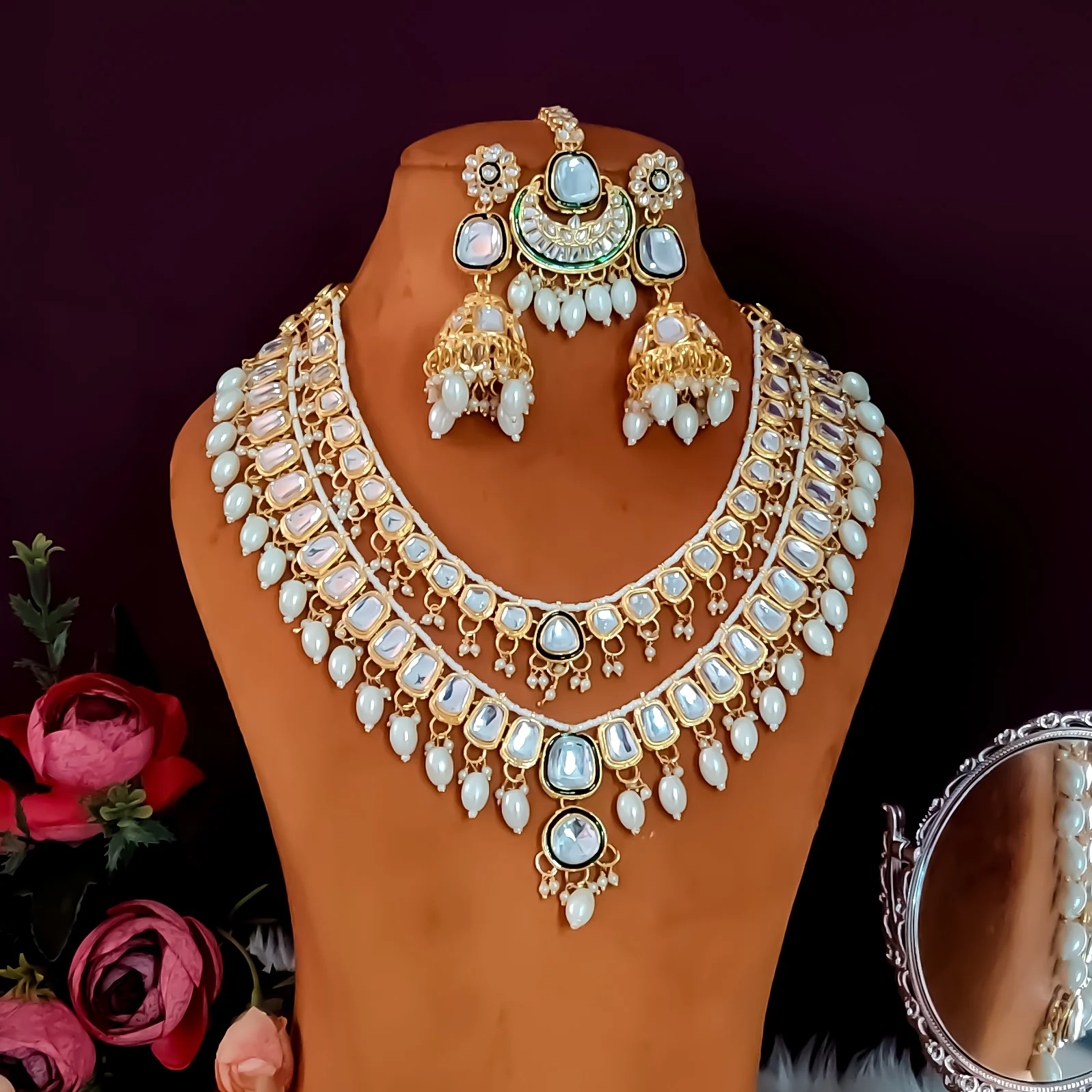 Deep Double layer Kundan Necklace Set - Golden - Image 4