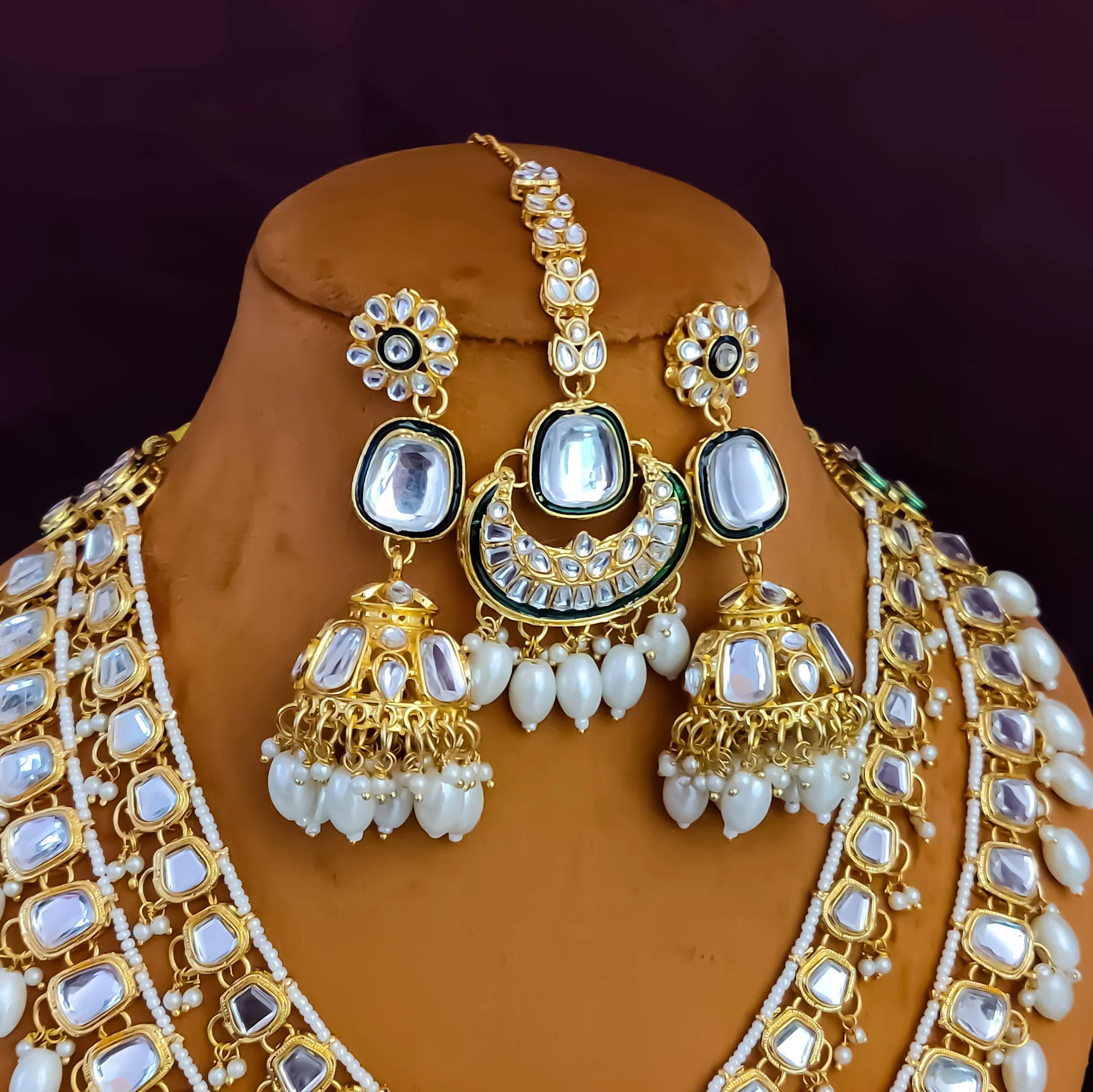 Deep Double layer Kundan Necklace Set - Golden - Image 5