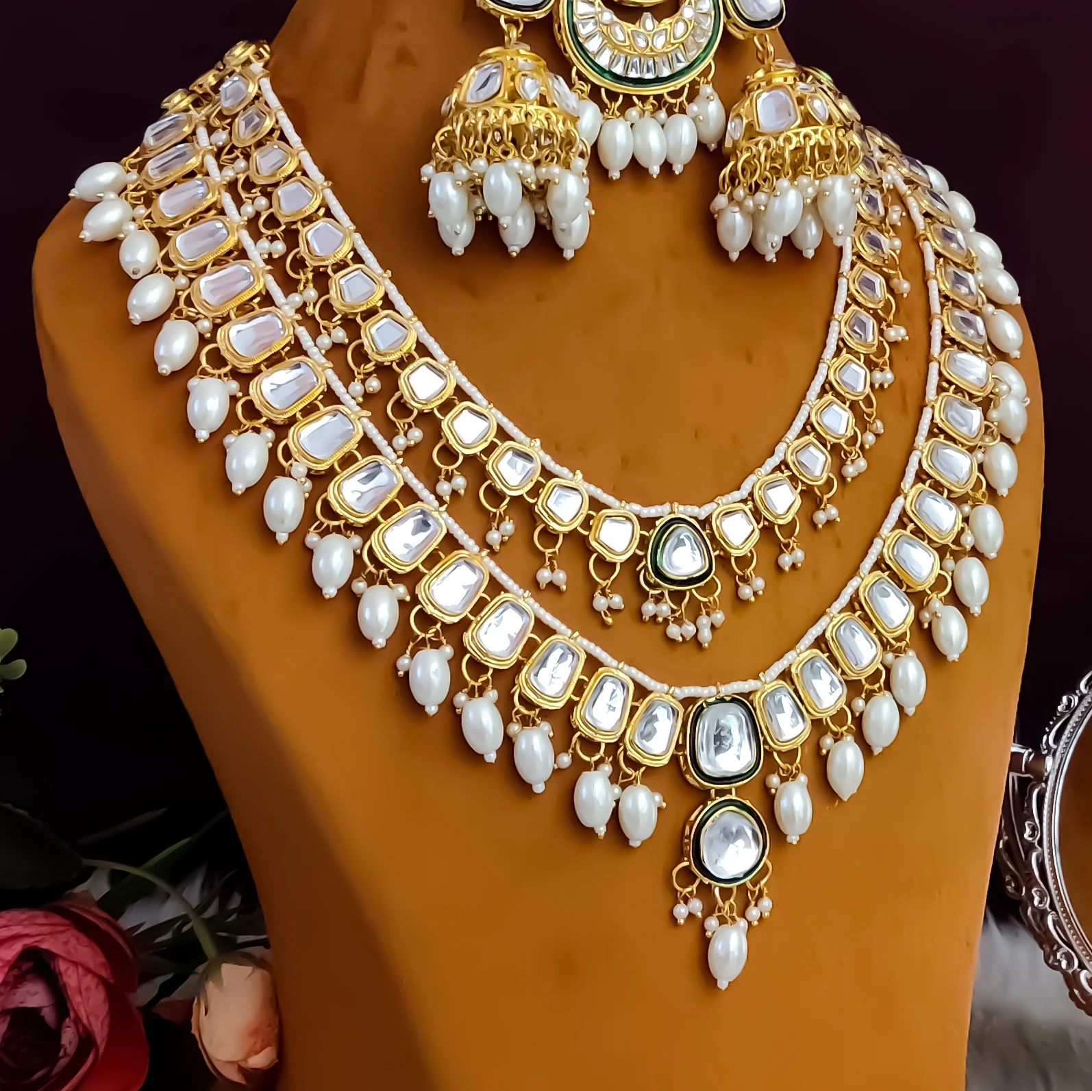 Deep Double layer Kundan Necklace Set - Golden - Image 8