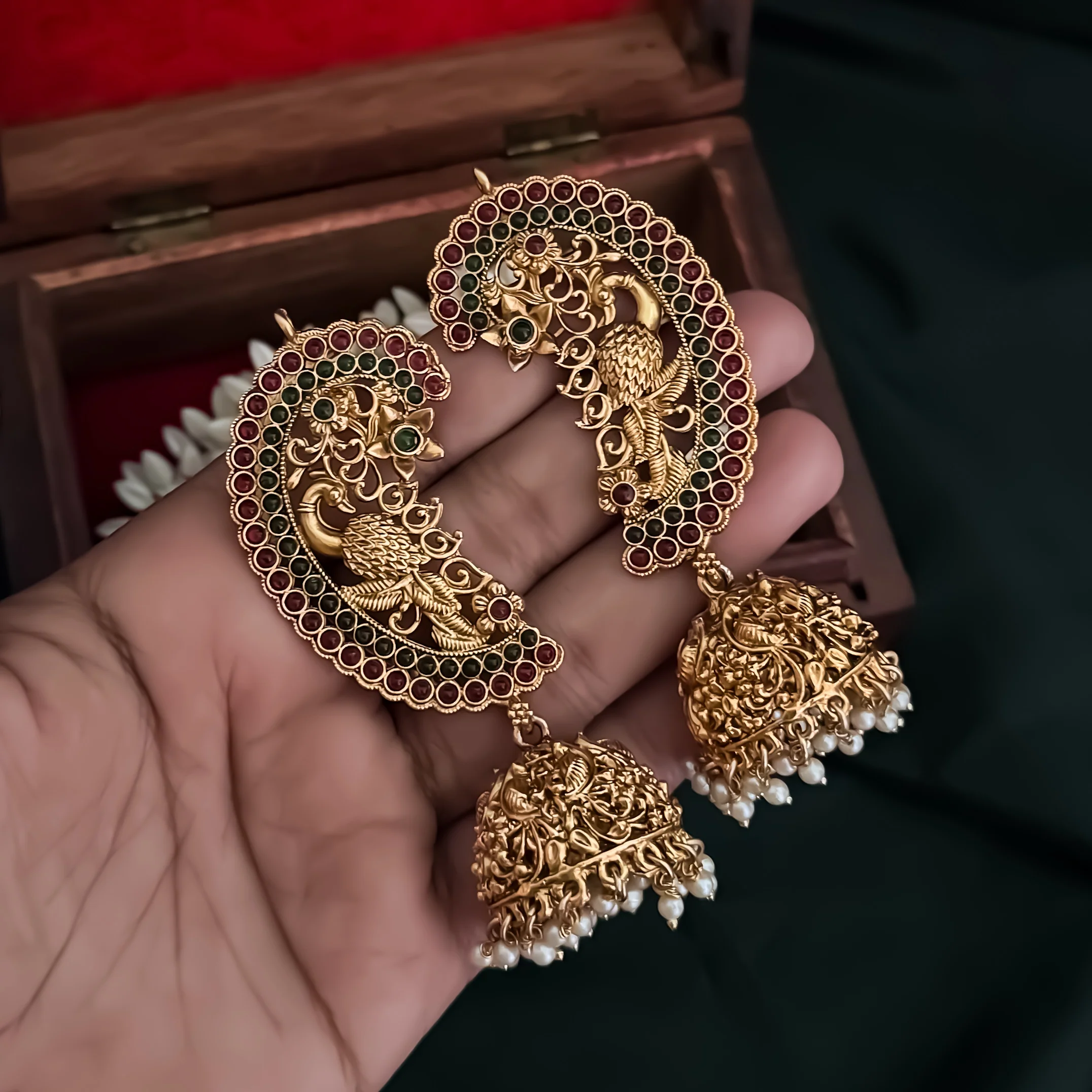 Dhanashree Premium Peacock Temple Gold Earcuff Earrings - Image 3
