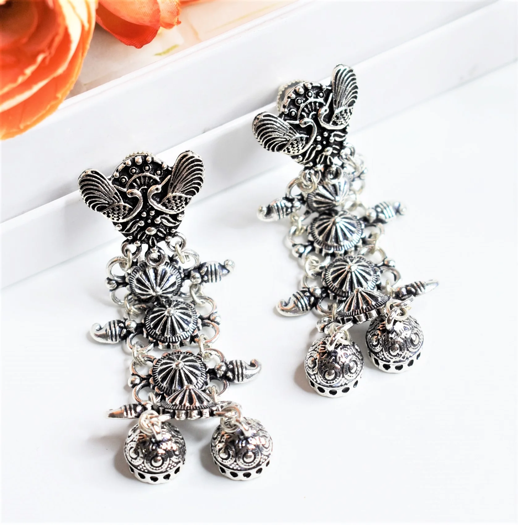 Peacock  Embellished Multi Layer Oxidised Jhumka Earrings - Image 3