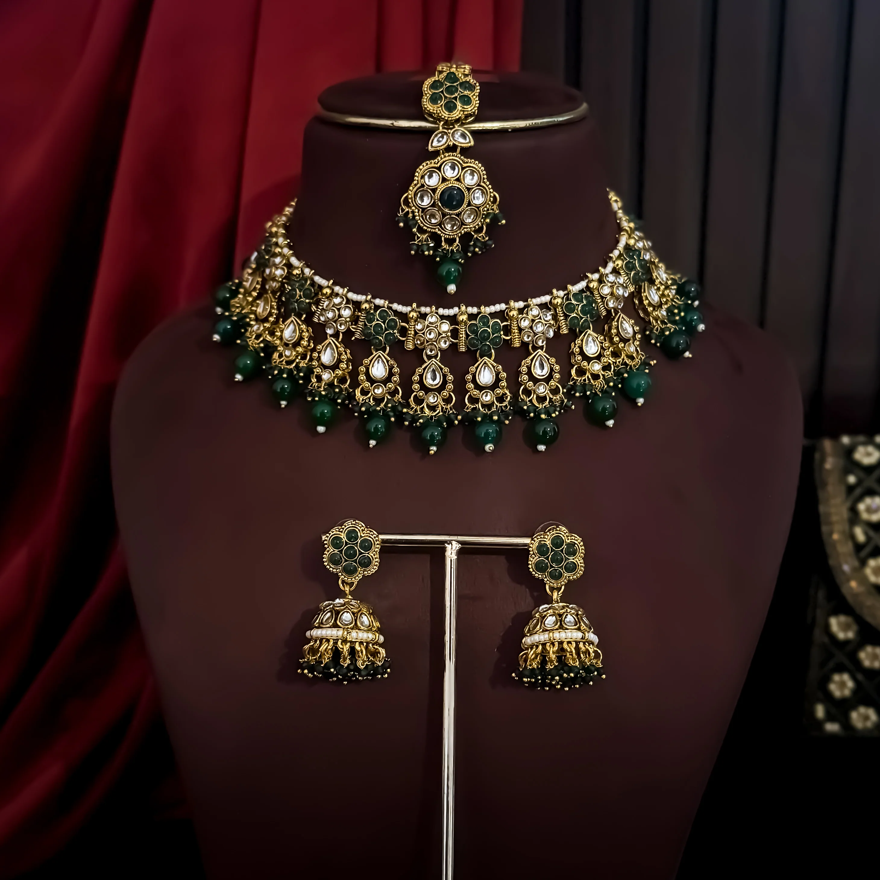 Etika Premium Kundan Necklace Set - Green - Image 3
