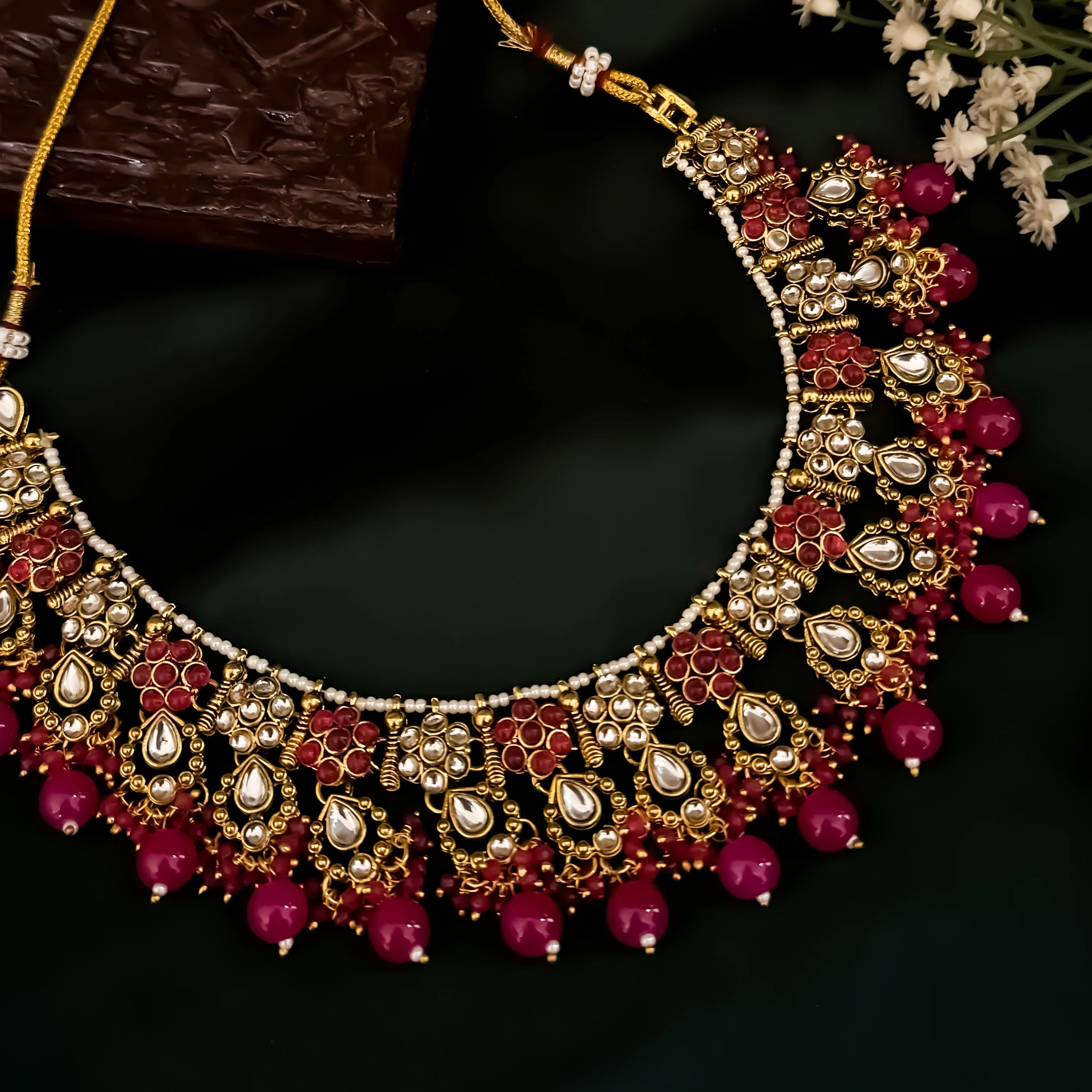 Etika Premium Kundan Necklace Set - Pink - Image 6