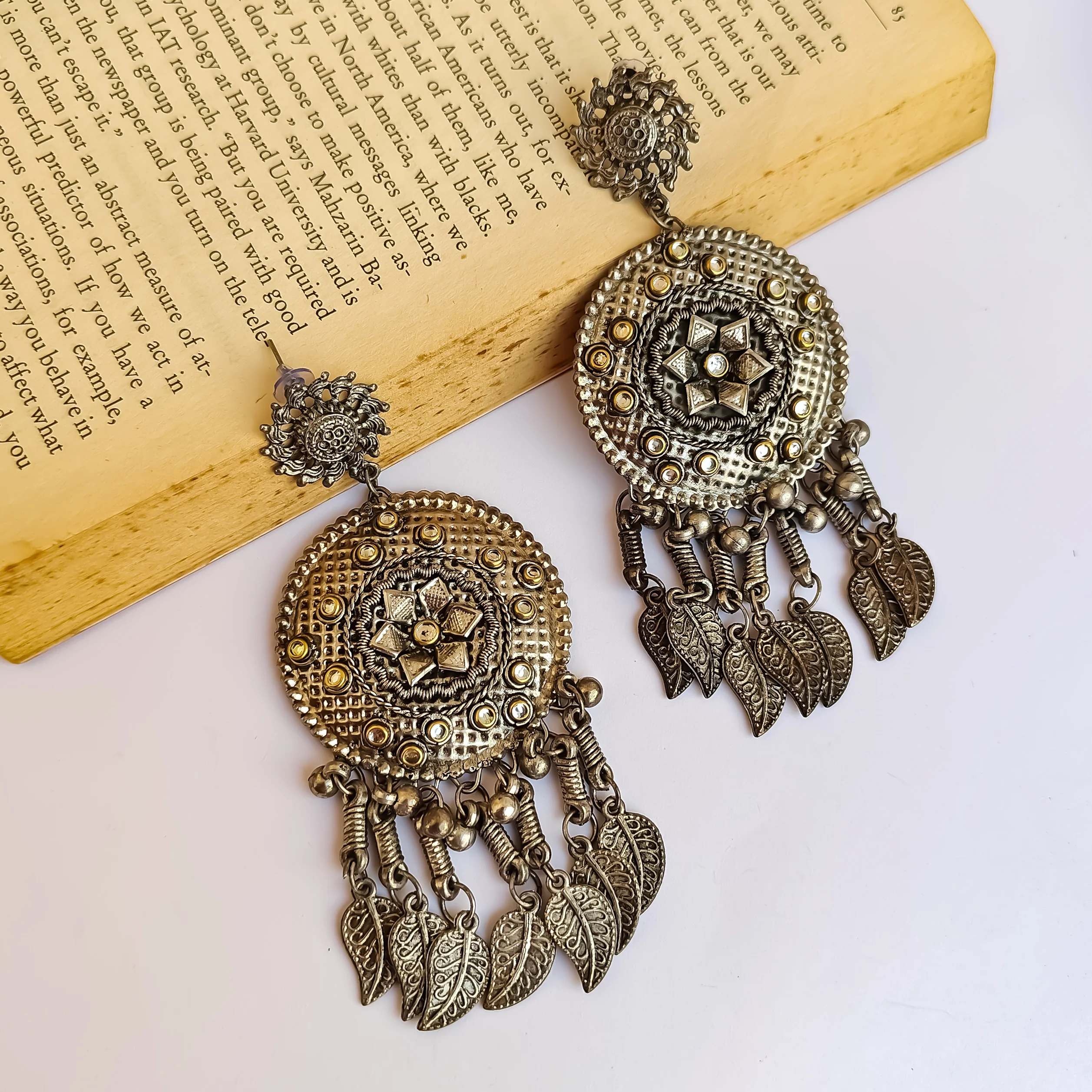 Leaf Motif Silver Oxidised Chandbali Earrings - Image 3