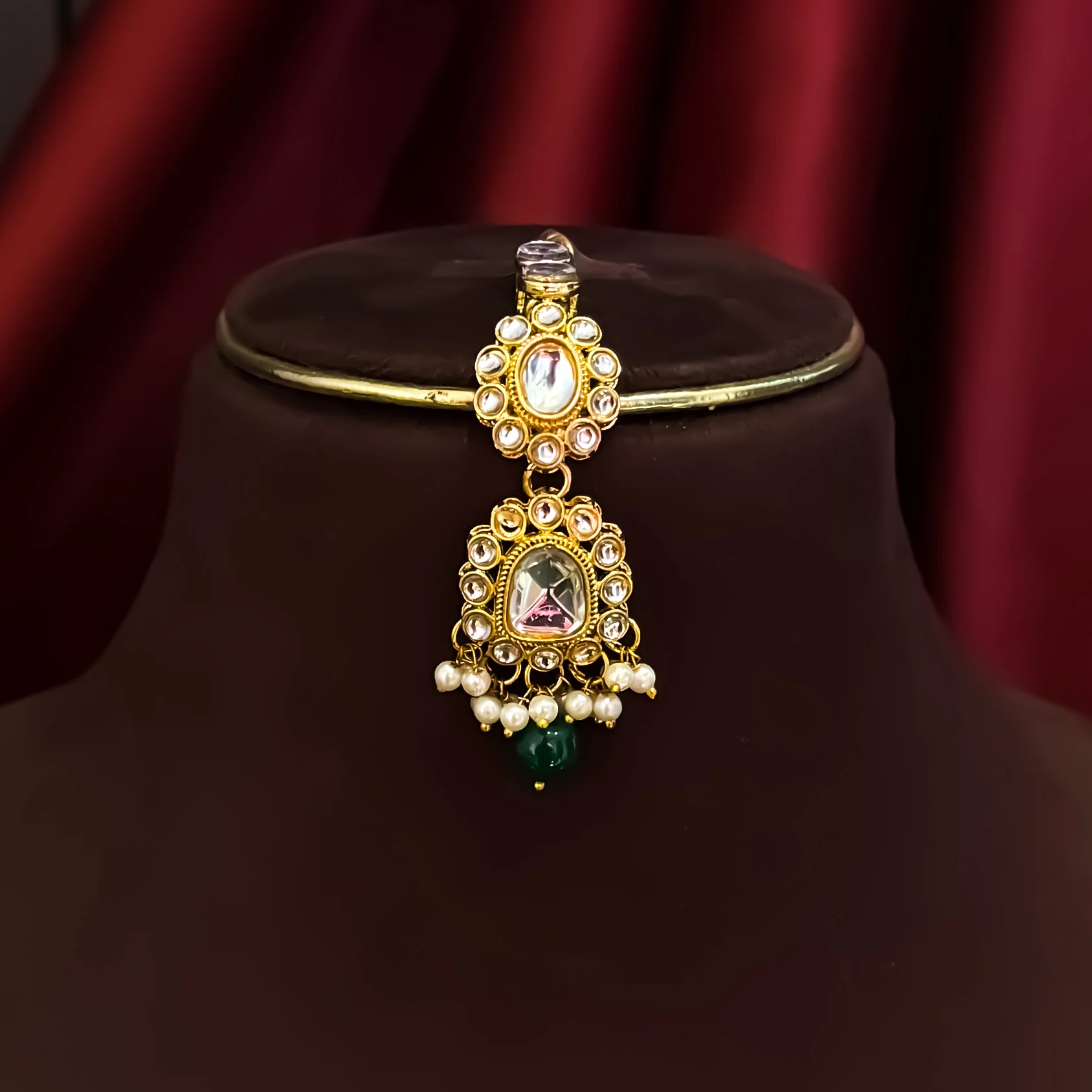 Reeti Kundan Pearl Necklace Set - Green - Image 4