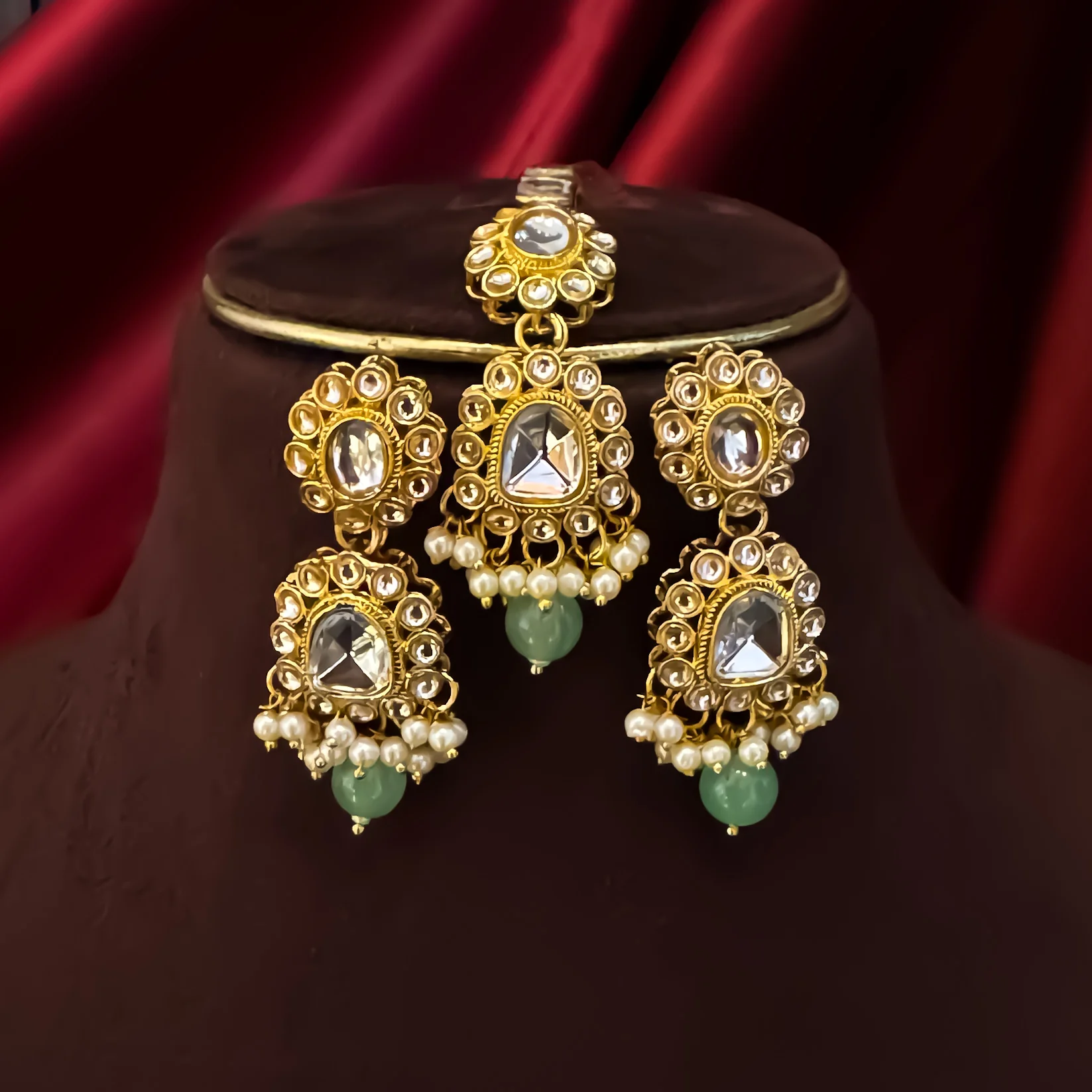 Reeti Kundan Pearl Necklace Set - Pastel Pink & Pastel Green - Image 3