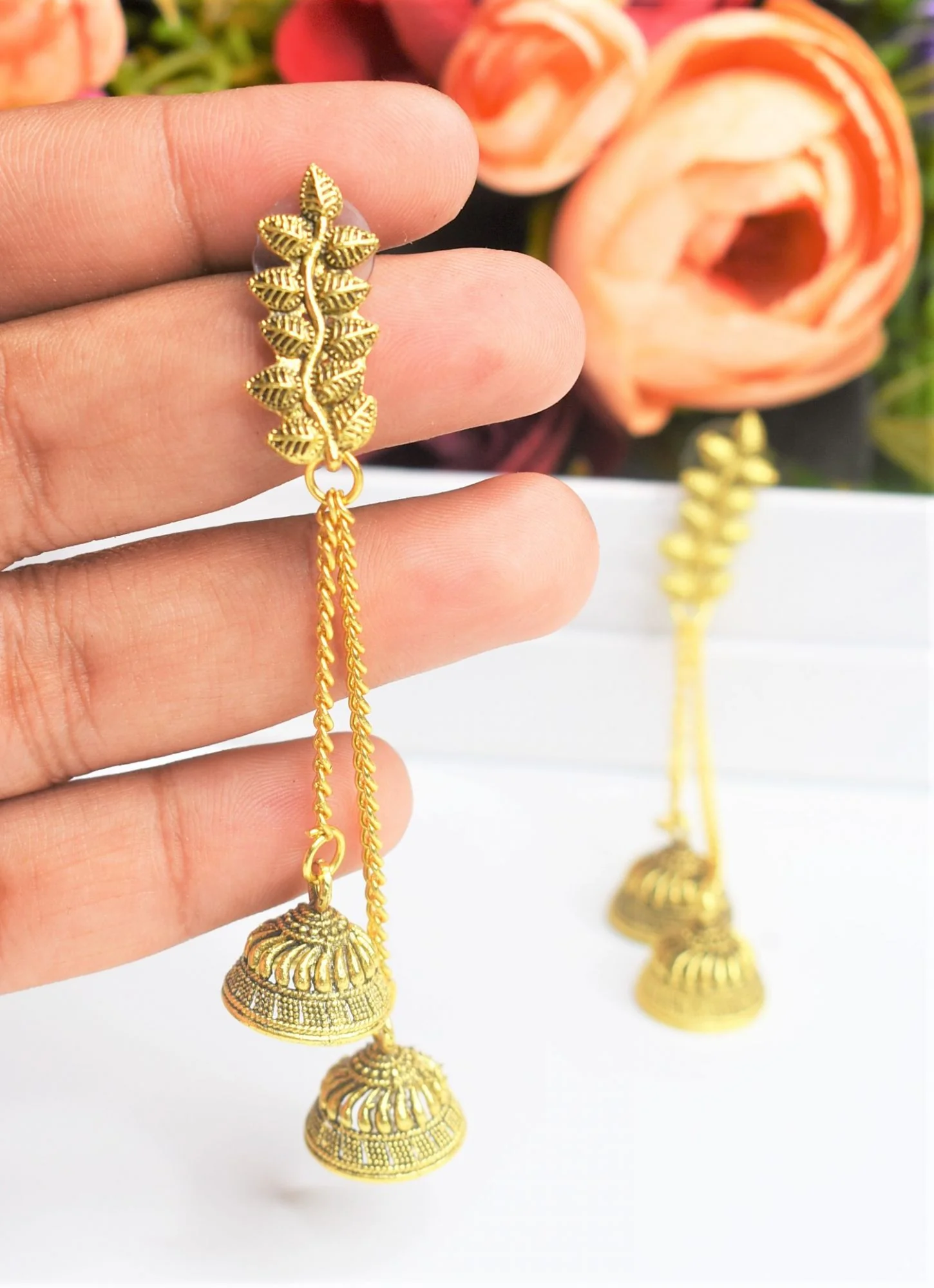 Golden Oxidised Double Jhumka Earrings - Image 3