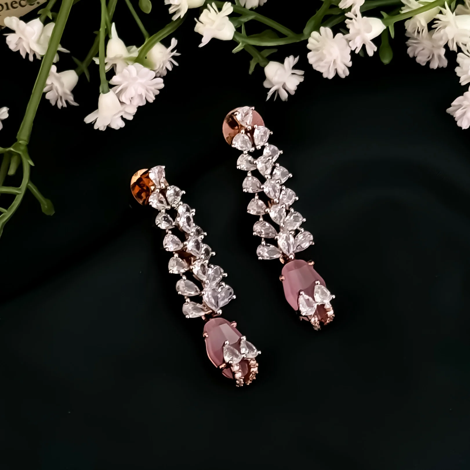 Hamsa American Diamond Dangker Earrings - Pastel Pink - Image 3