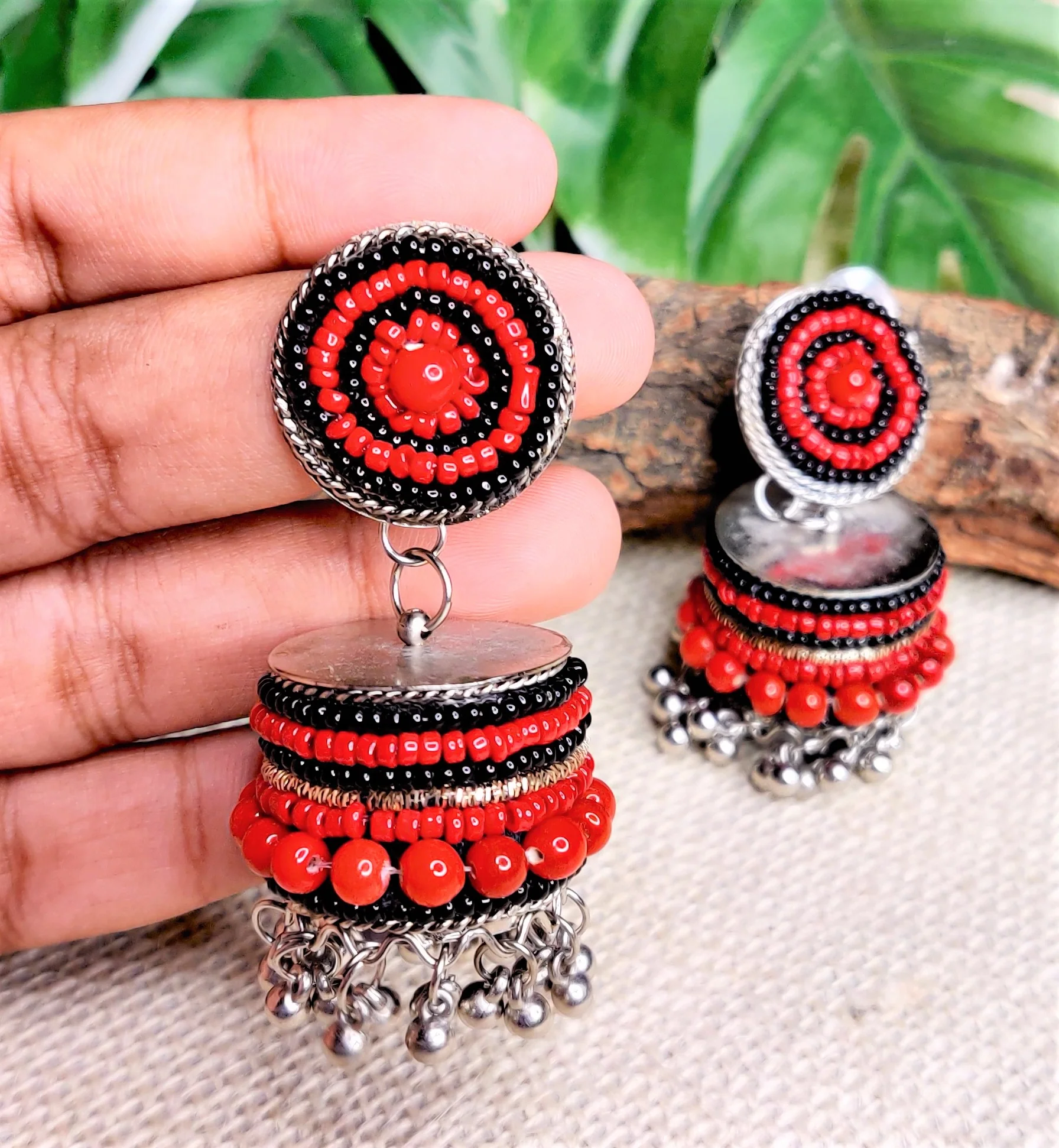 Pearl Beads Oxidised Jhumka Earring - Image 2