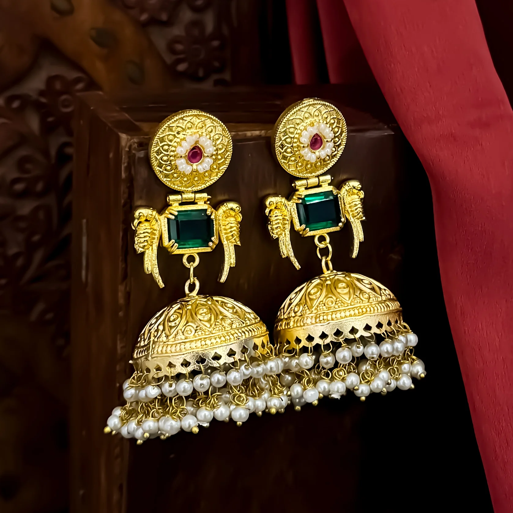 Hansina Kashmiri Brass Jhumka Earrings - Green - Image 3
